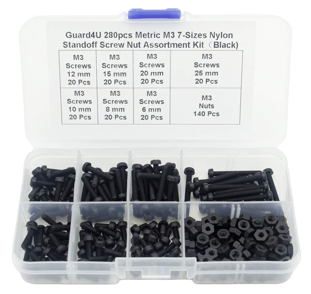 280pcs Metric M3 7-Sizes Nylon Phillips Pan Head Screw Nut Assortment Kit,Screw M3x 6mm 8mm 10mm 12mm 15mm 20mm 25mm, Nut Hex M3 (Black)