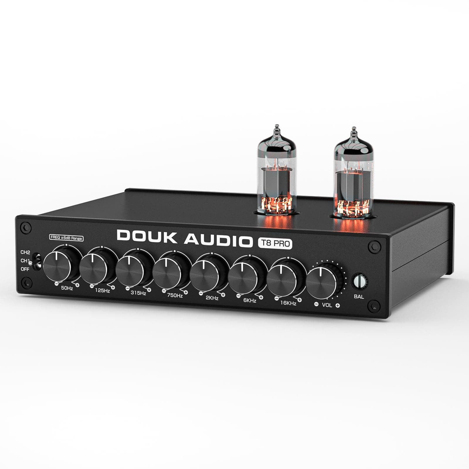 Douk Audio Balanced EQ Preamp: 7-Band Equalizer - Vacuum Tube Preamplifier with XLR RCA Inputs & Outputs - for Home Stereo HiFi System, Amplifiers, Active Speakers (T8 PRO Black)