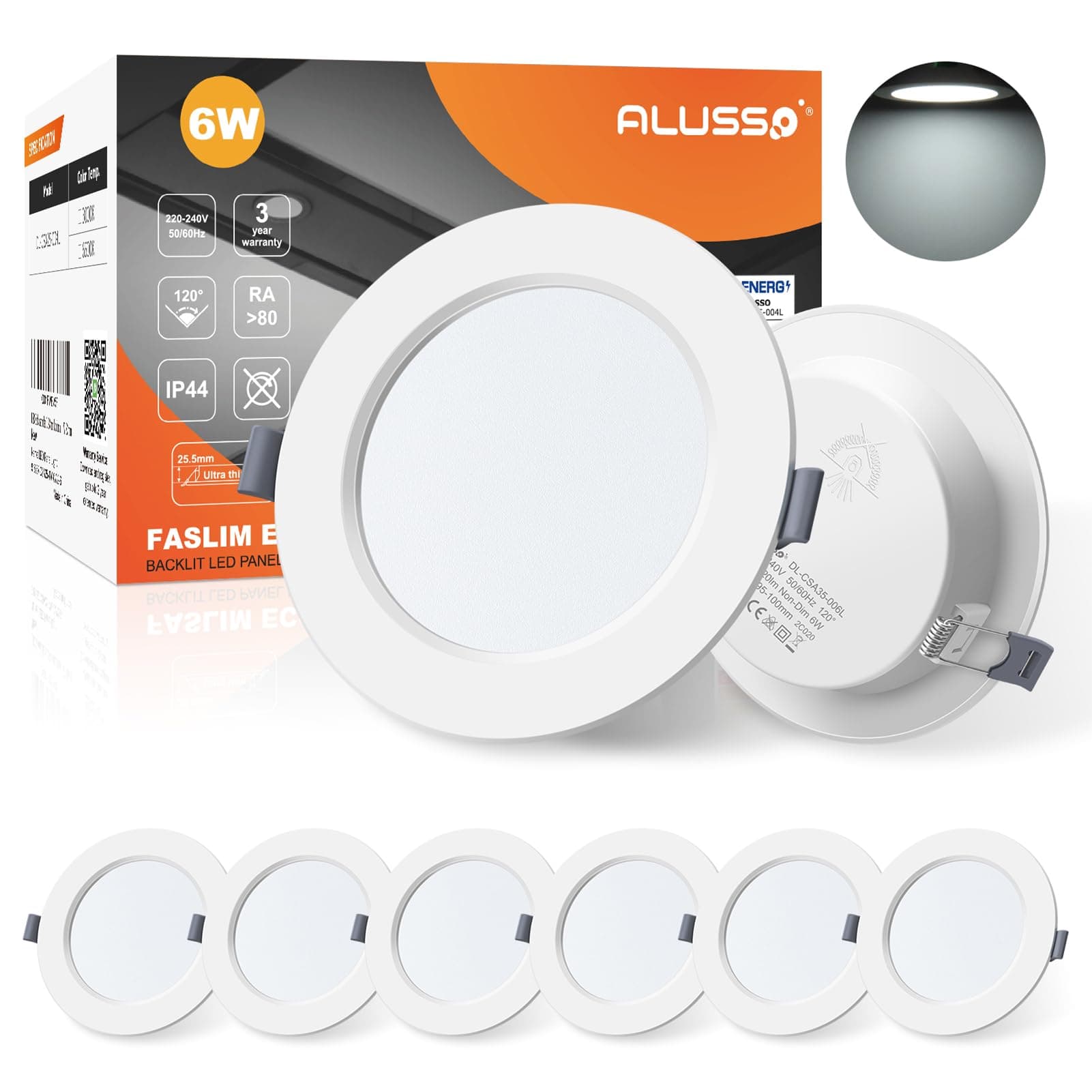 ALUSSOLED Slim Downlights for Ceiling, 6W LED Recessed Ceiling Lights 6500K Cool White, IP44 Round Spotlights for Bathroom Kitchen Living Room, 6 Pack