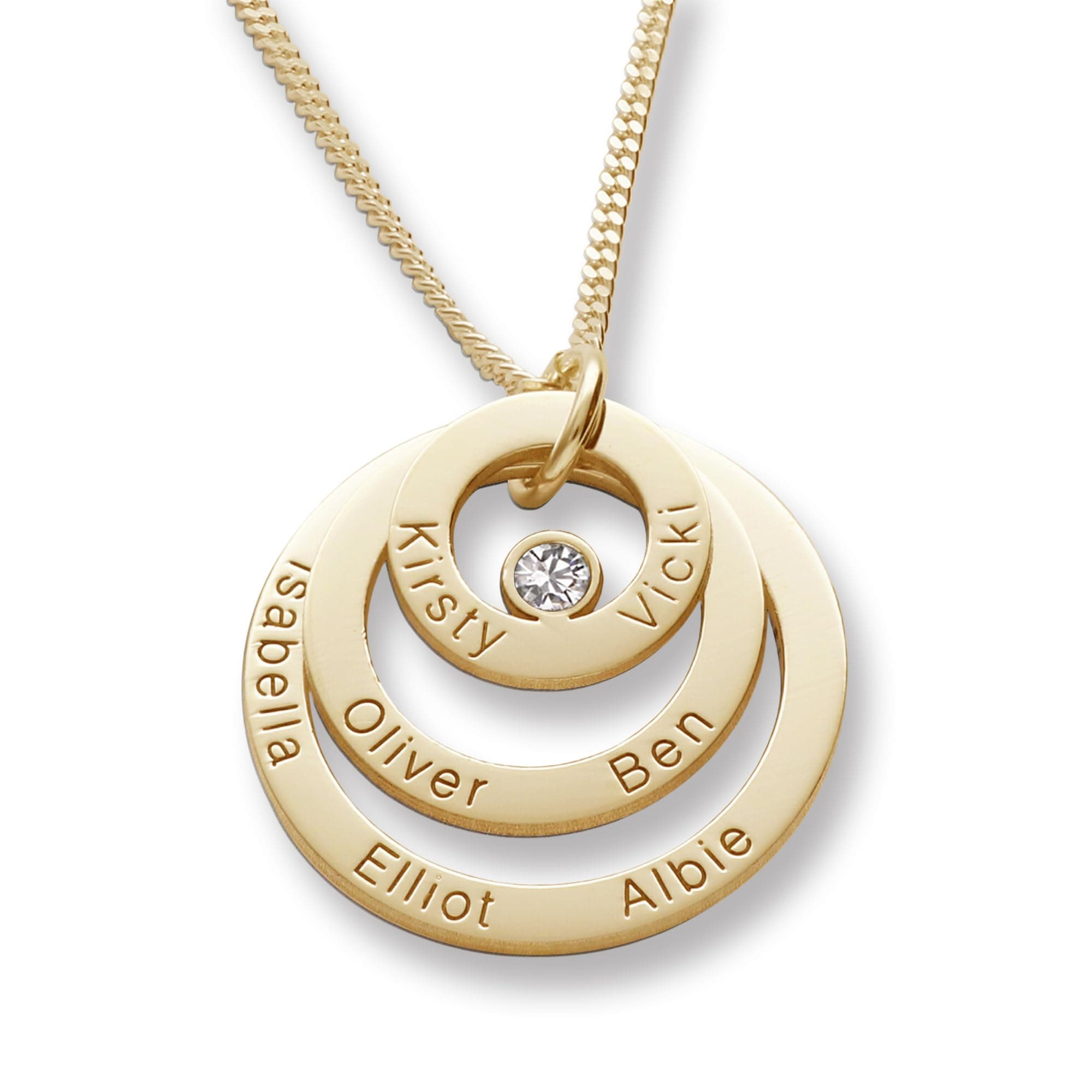 Solid 9ct Yellow Gold Personalised Three Disc Pendant Necklace With Crystal and Optional Chain In Gift Box