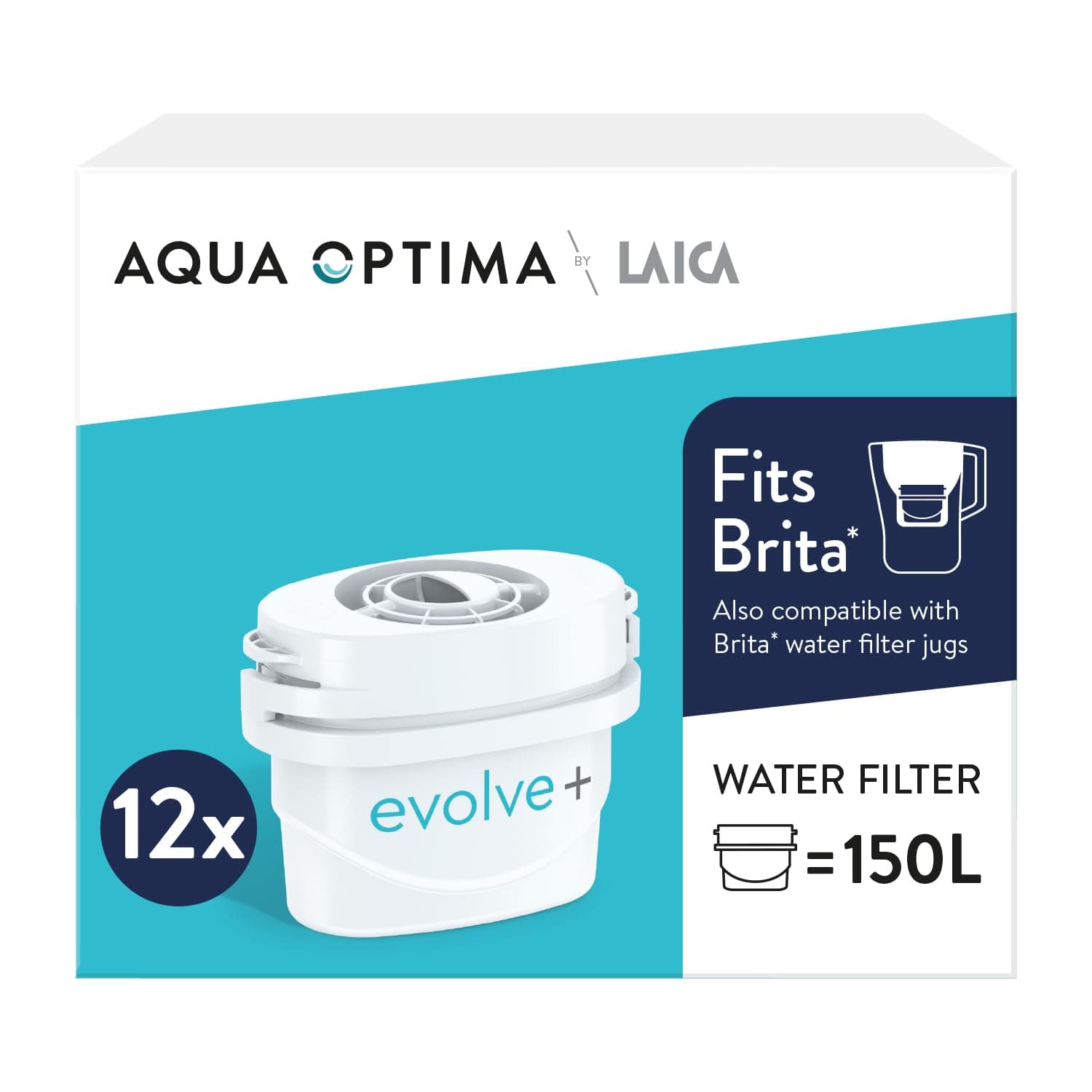 Aqua Optima Evolve+ Water Filter Cartridges 12 Pack - Fits Brita Jugs & Alternative for Maxtra Filters* - Reduces Limescale, Chlorine and Other Impurities - by LAICA (Packaging May Vary)
