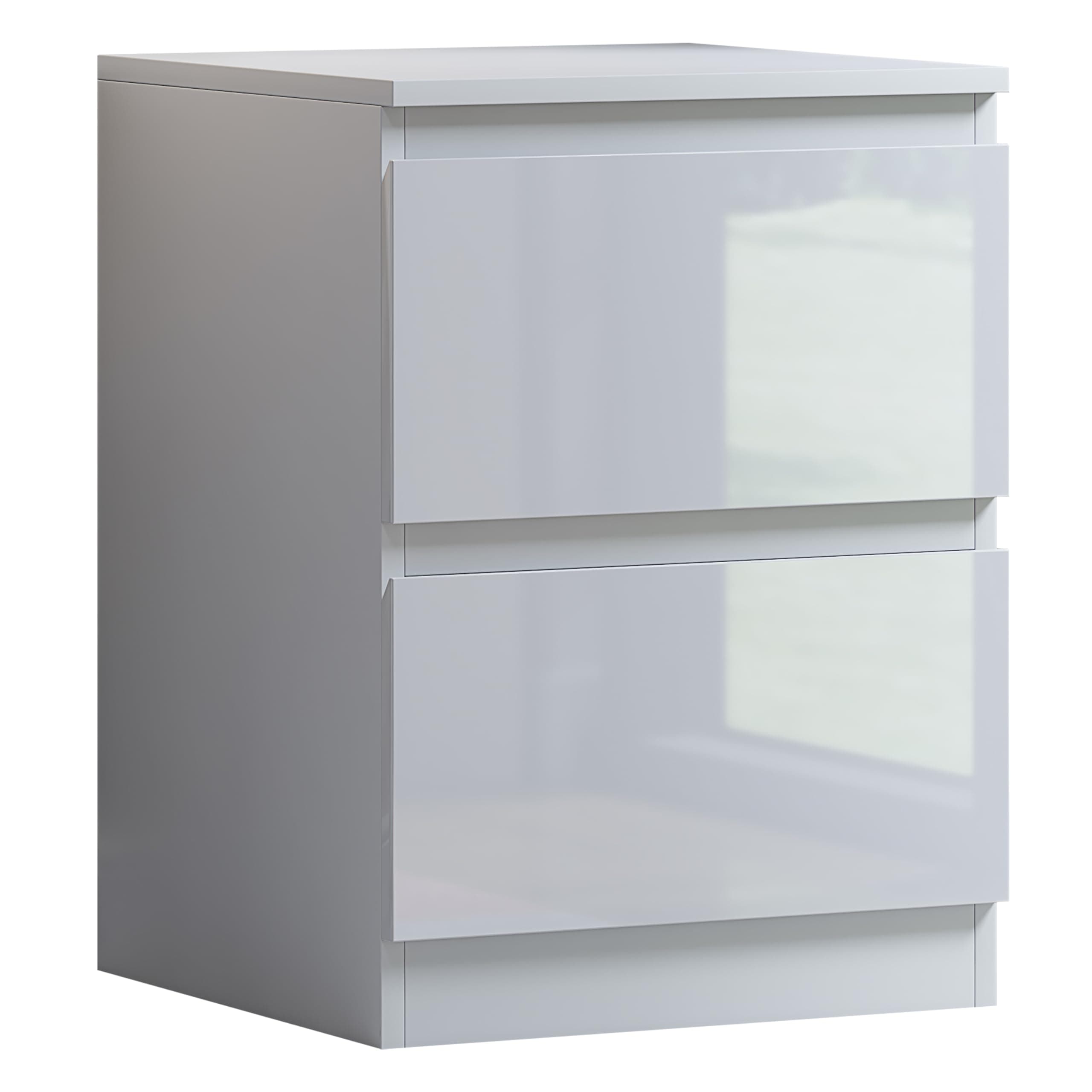 FWStyle 2 Drawer Bedside Cabinet Matt White Frame with White Gloss Fronts Modern Nightstand Bedroom Furniture with Deep Drawers Chamfered Fronts Scratch and UV Resistant Finish W40 x H55 x D40cm