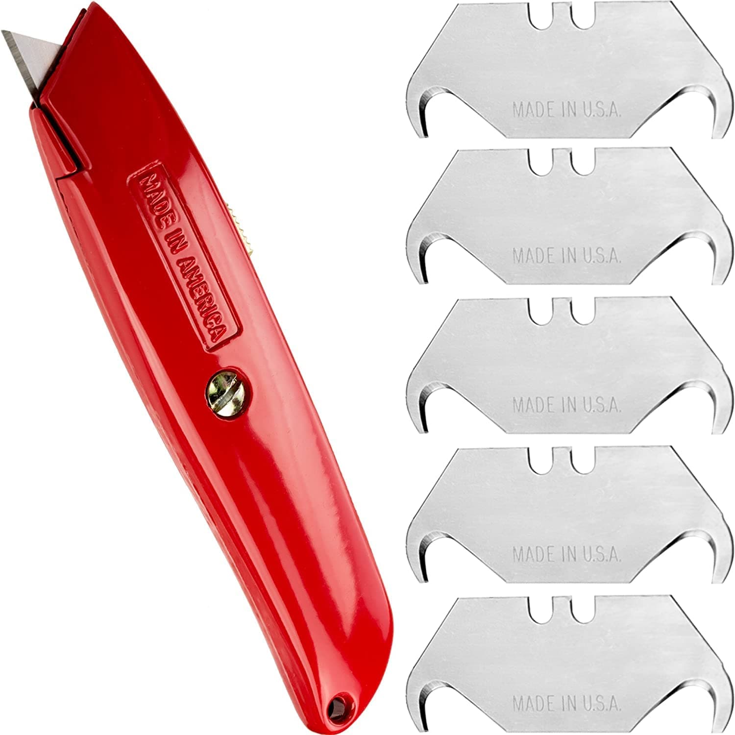Heavy Duty Hook Blade Utility Knife with 5 Spare Refills. Sharp, Retractable Hooked Box Cutter Tool for Shingles, Roofing, Carpet. USA Made Stainless Steel Handle Fits 2 Notch Replacement Razor Blades