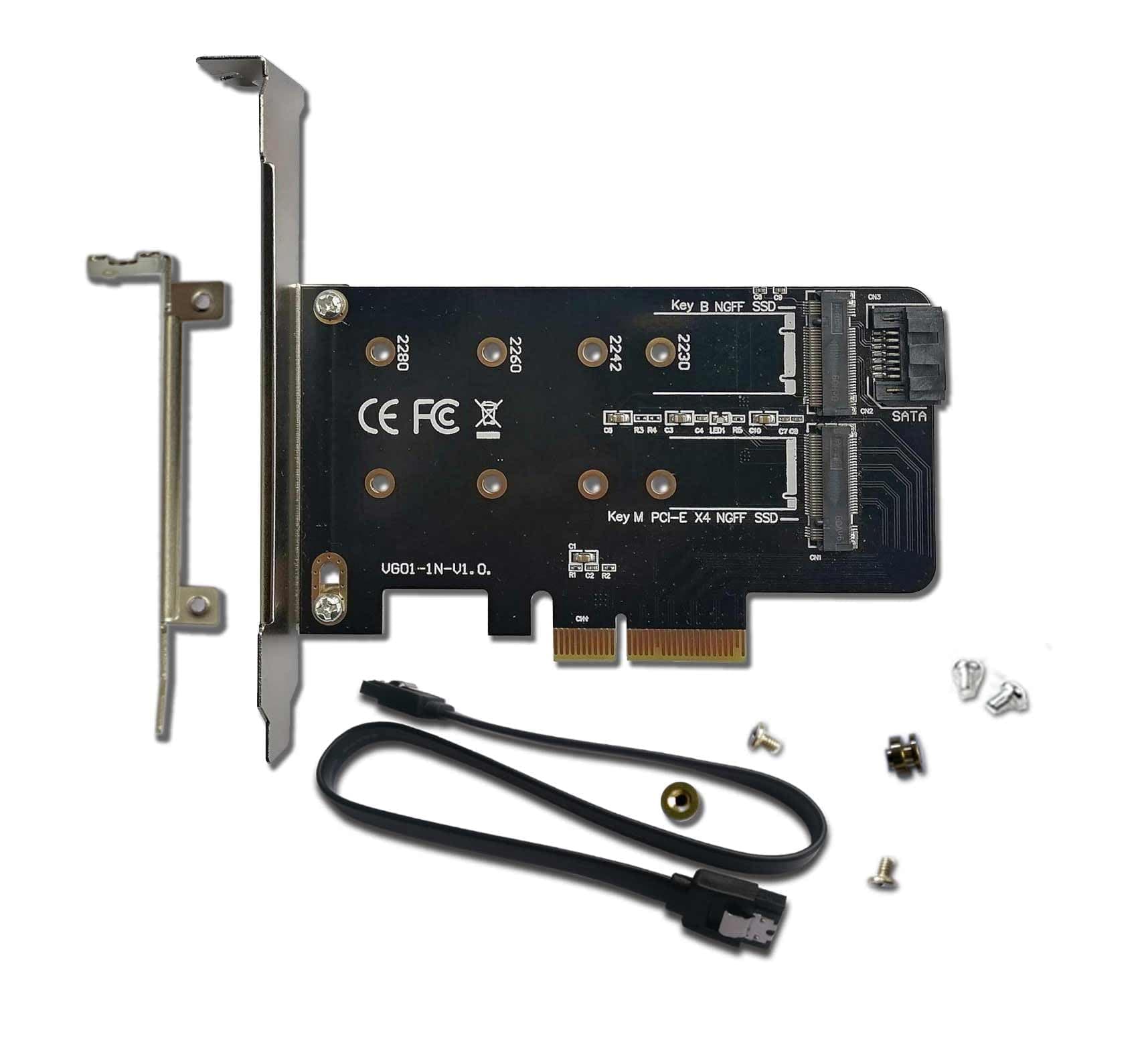 PCIe Adapter for One M.2 NVMe Mkey and One SATA Bkey SSD, PCI-e 4.0 X4 Card Supports NGFF M2 M-Key or B-Key (M+B) SSD of Length 2280,2260,2242,2230, PCIe NVMe Adapter with SATA 3.0 Cable