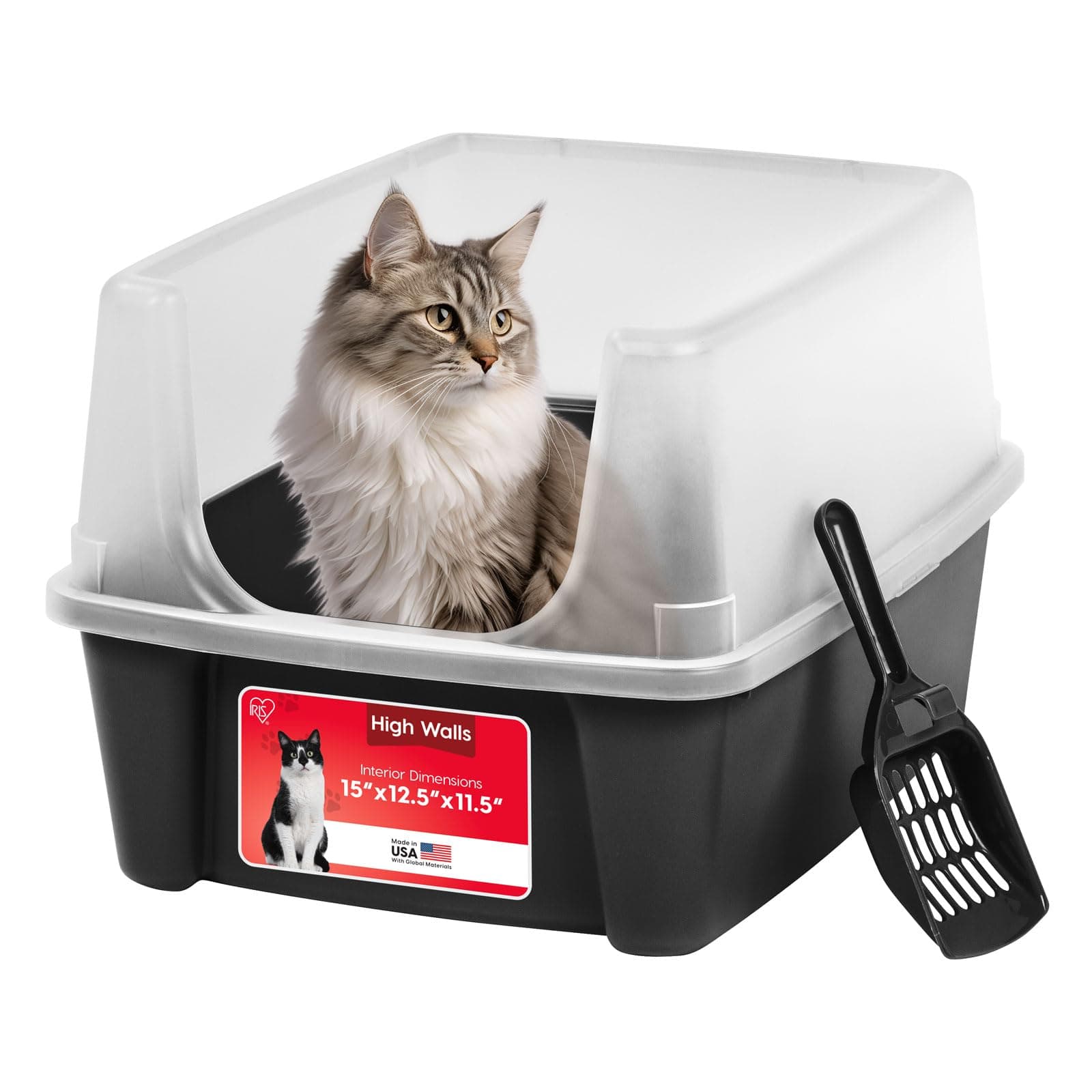 IRIS USA Cat Litter Box Large Open Top with High Sided Walls Tall Scatter Shield Scoop Included Easy Clean Plastic Pan Stain Resistant for Big Cats Kittens Indoor Multi-Cat Households