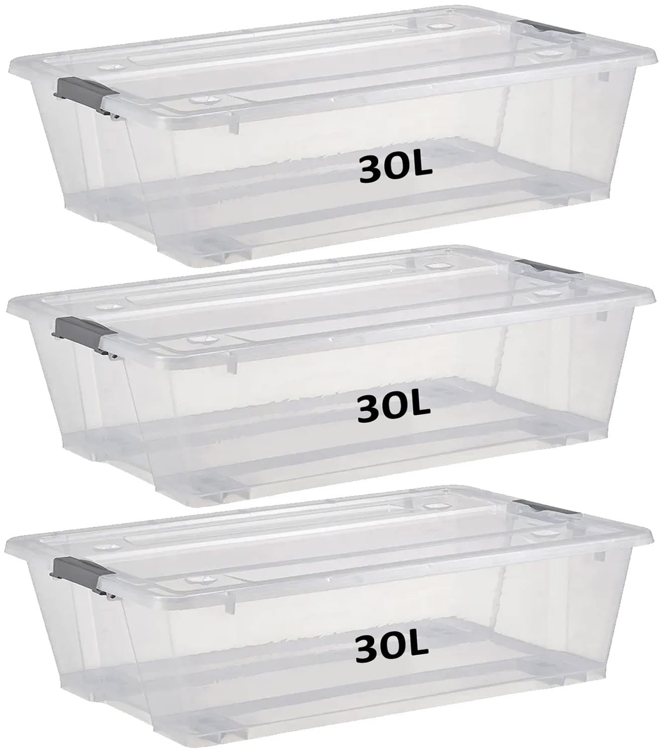 30L Storage Box With Lid & Wheels | Slim Under Bed Plastic Organizer – 3pcs Stackable Transparent Boxes Storing Clothes, Toys, Shoes, Tools, Medicine, Office Supplies, Arts & Crafts, Kitchen