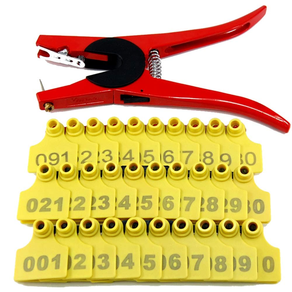 1000 Sets Livestock Identification Numbered Plastic Ear Tag for Pigs Calves TPU Earring for Small Animal(Yellow) with 1 pcs Plier Applicator