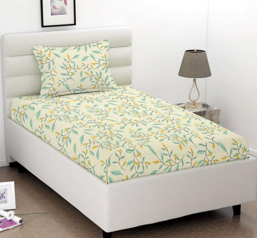 BSB HOME Premium Glace Cotton 180 TC Flat Single Bedsheets Breathable | Wrinklefree (Size-60 X 90 Inch) with 1 King Size Pillow Covers (Size-17 X 27 Inches, Small Flower Print, Green)