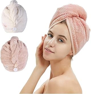 M-bestl2 Pack Microfiber Hair Towel Wrap,Hair Drying Towel with Button, Towel Turban,Head Towel to Dry Hair Quickly (Pink&Beige)