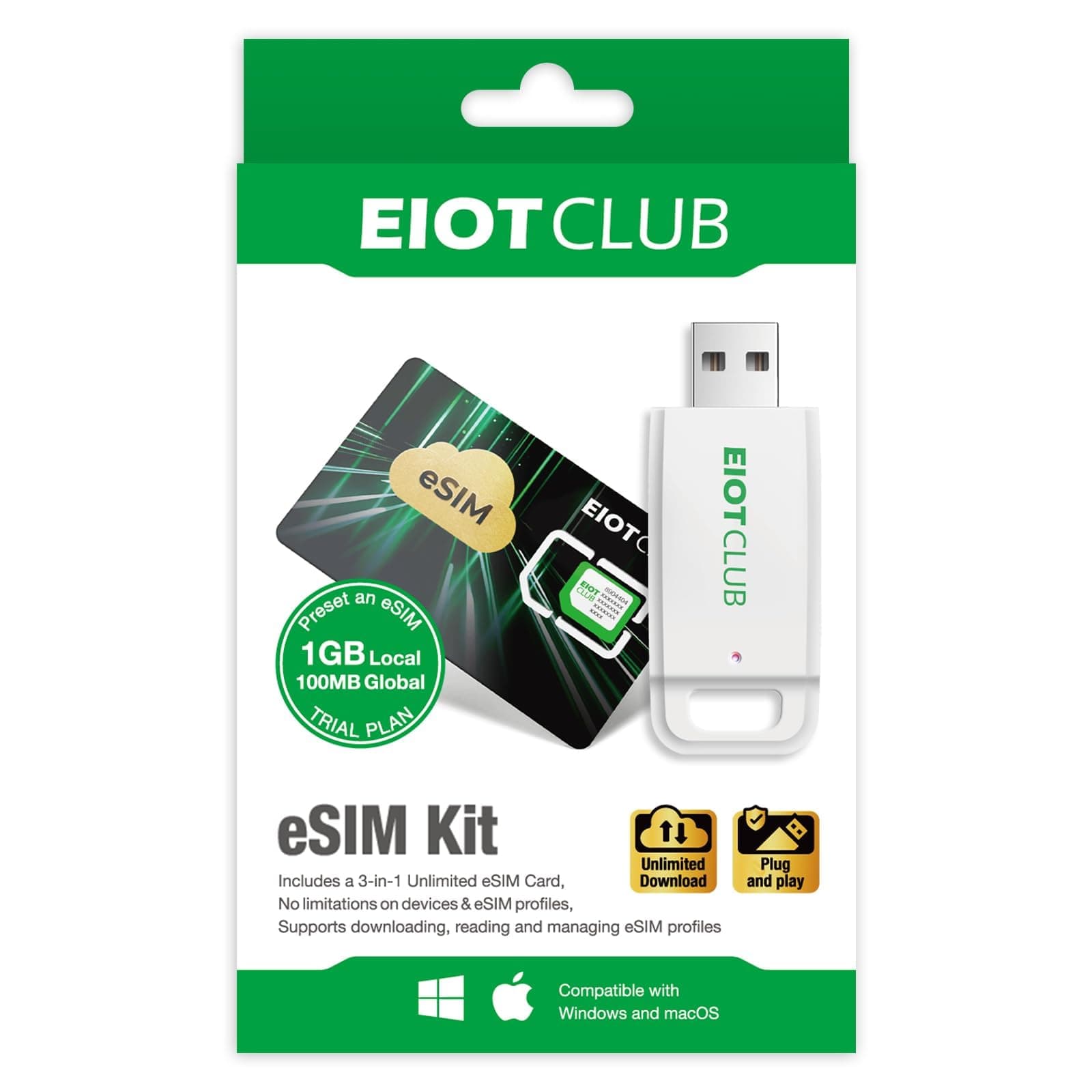 EIOTCLUB eSIM Card & Reader Bundle - Physical eSIM Adapter for Unlocked Android/iPhone/Router, Unlimited Downloads, Global Travel (USA/Europe/200+ Countries), Windows & macOS Support