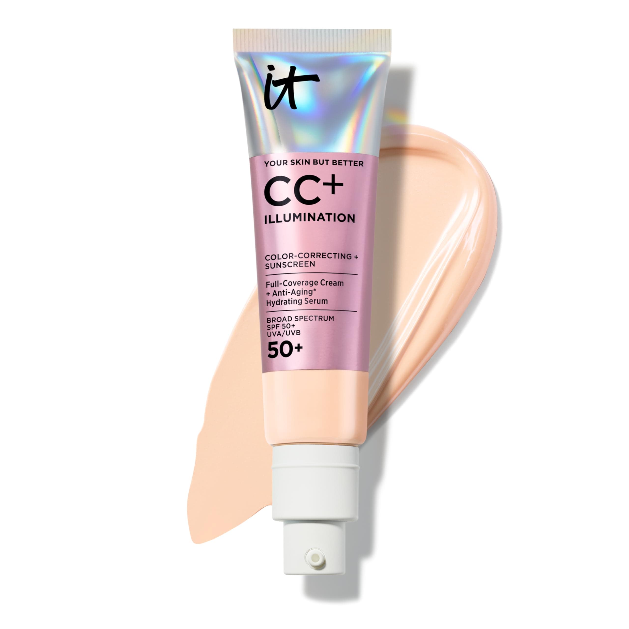 IT Cosmetics CC+ Cream Illumination SPF 50+ - Radiant Full Coverage Foundation Color Corrector, Hydrating Anti-Aging Serum, Hydrolyzed Collagen + Peptides, Normal to Dry & Mature Skin - 1.08 fl oz