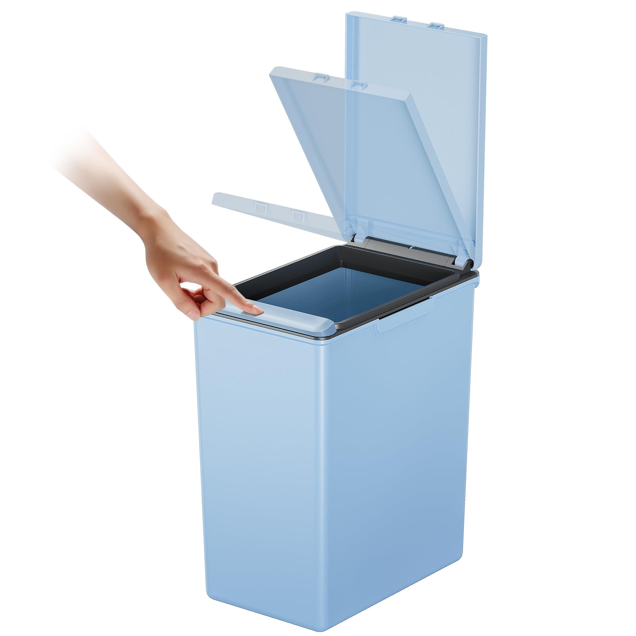 EKO Morandi 20L Kitchen Recycling Bin with Touch-Top Lid, Slim Plastic Rubbish Bin with Recycling Stickers and Easy-Clean Finish, Compact Design for Home or Office, Titanium Blue