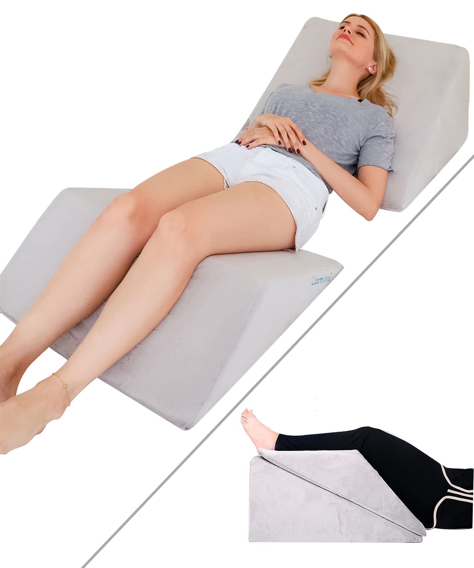 Foam Bed Wedge Pillow Set - Reading Pillow & Back Support Wedge Pillow for Sleeping - 2 Separated Sit Up Pillows for Bed - Angled Bed Pillow, Triangle Pillow for Back and Legs Support Gray