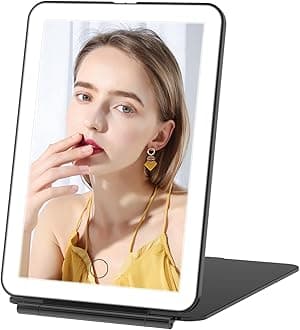 FUNTOUCH Rechargeable Travel Makeup Mirror with 72 Led Lights, Portable Lighted Beauty Mirror, 3 Color Lighting, Dimmable Touch Screen, Tabletop LED Folding Cosmetic Vanity Mirror