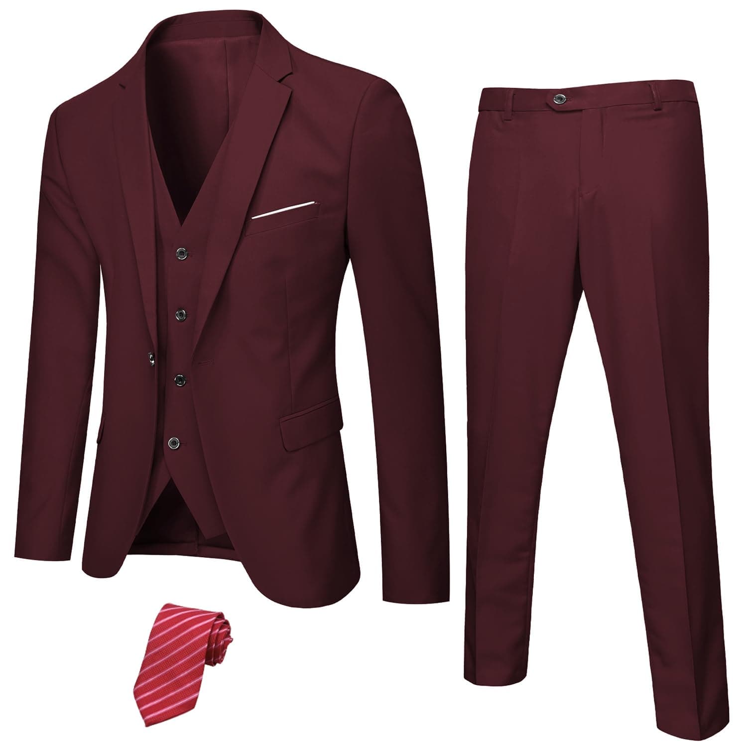 MY'S Men's 3 Piece Slim Fit Suit, One Button Jacket Blazer Vest Pants Set and Tie