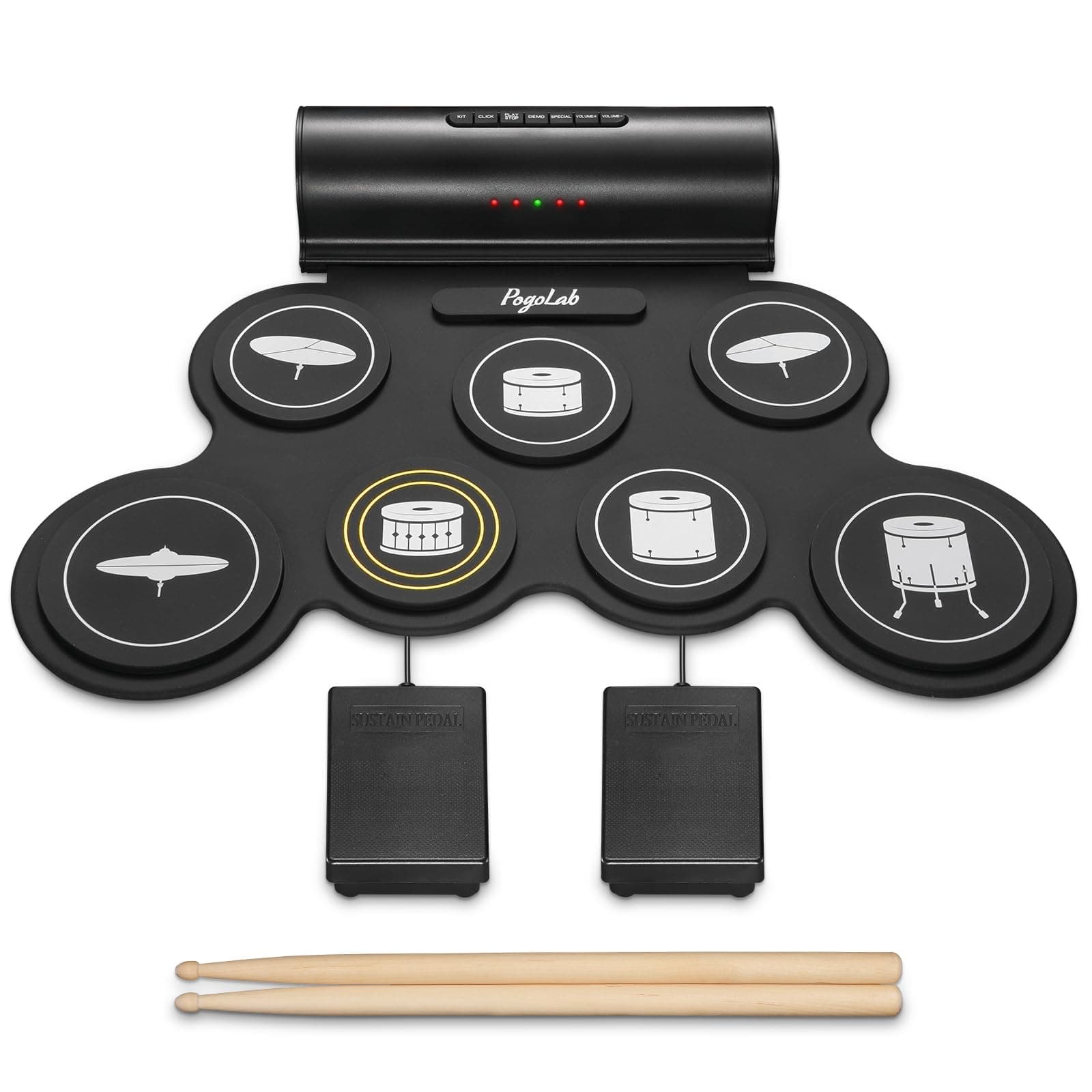 Rollup Electronic Drum Kit, 7 Pad POGOLAB Digital Electric Drum Kit, Portable Folding Electronic Practice Pad Mat, Stereo Speaker/Drumstick/Earphone Slot, Rechargeable Percussion Instrument Beginner
