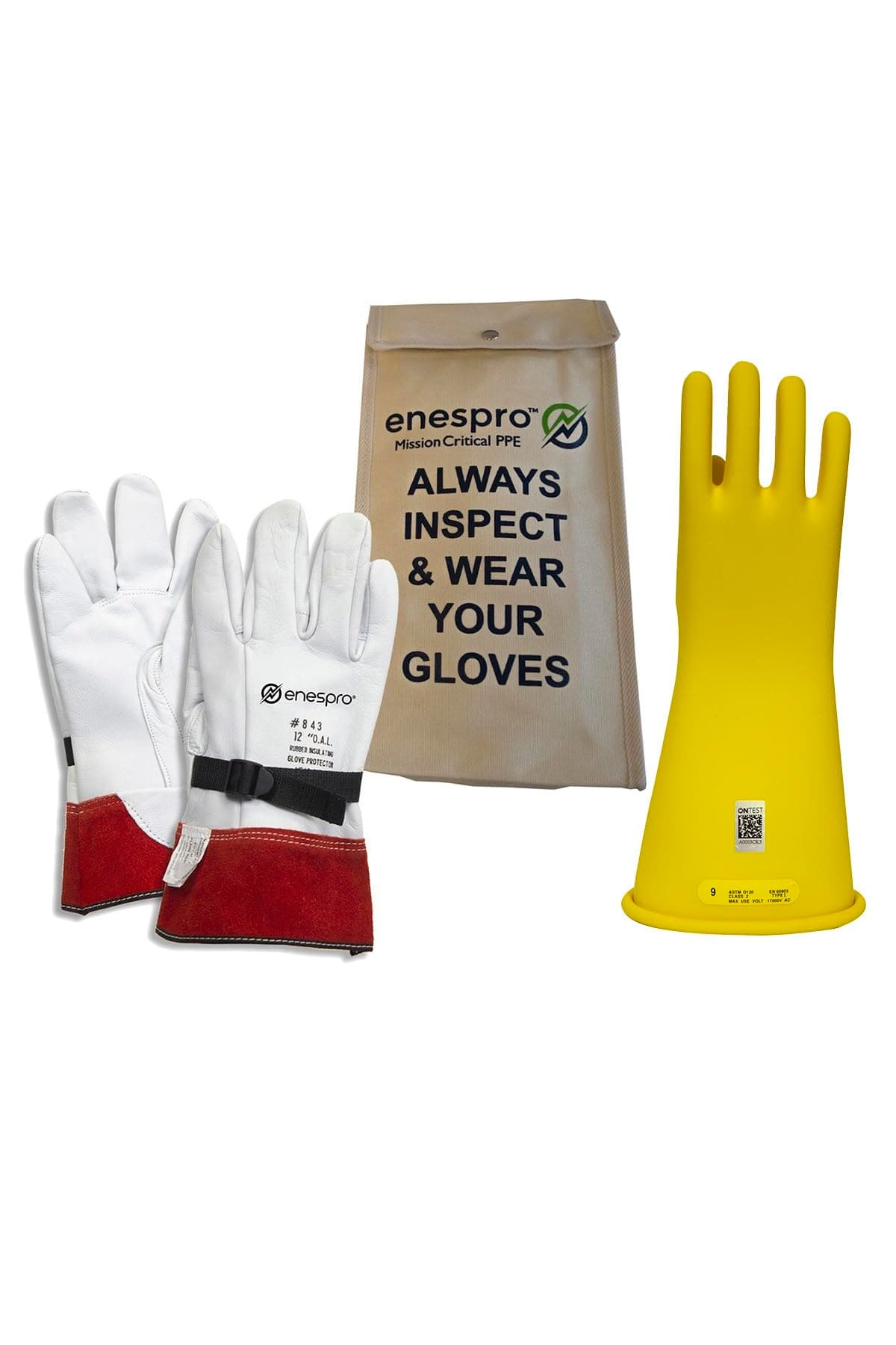 - Enespro Class 2 Yellow Rubber Voltage Insulating Glove Kit with Leather Protectors, Max. Use Voltage 17,000V AC/ 25,500V DC (KITGC2Y10)