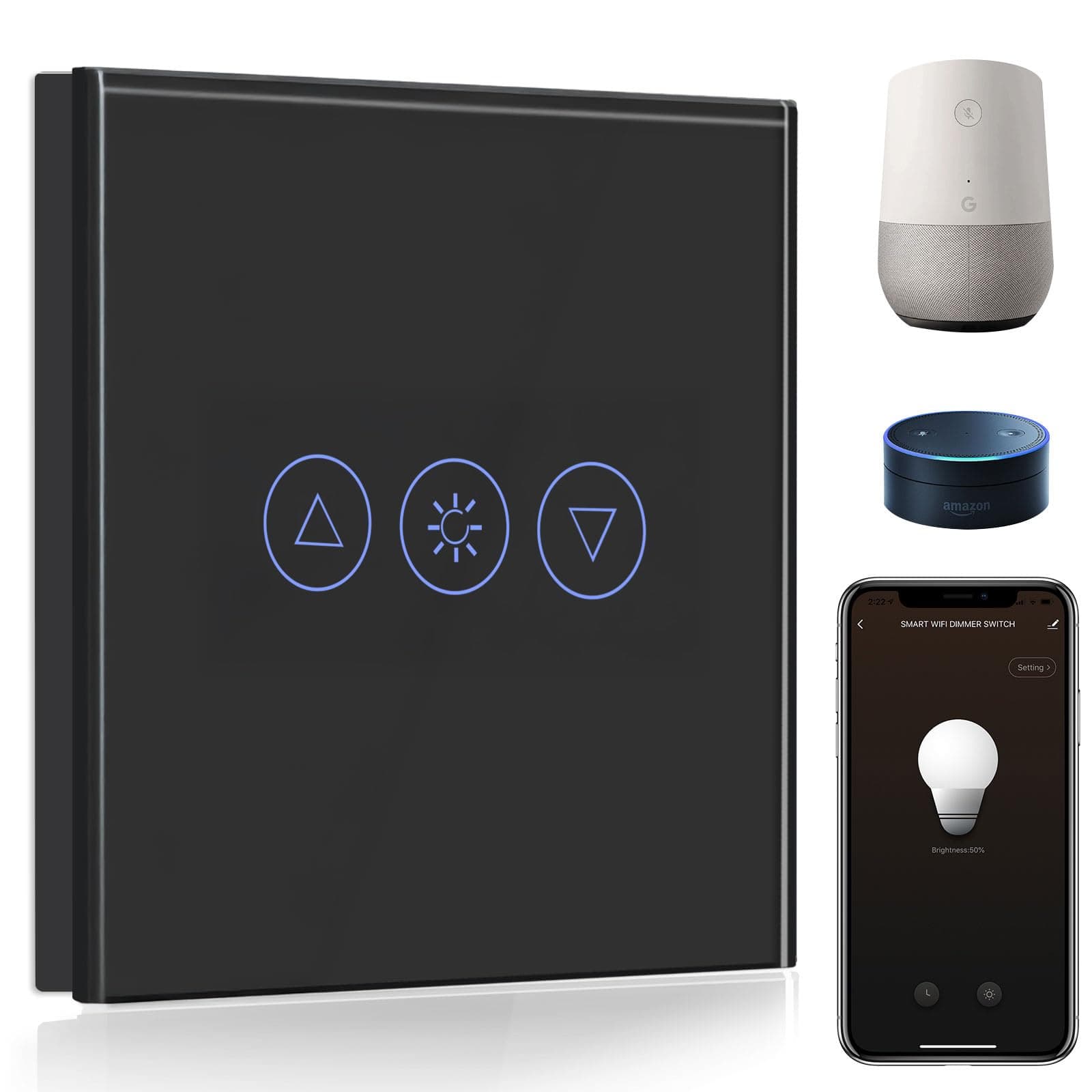 BSEED Smart Dimmer Switch 1 Gang 1 Way,WiFi Dimmer Switch Compatible with Alexa and Google Home,500W Smart Light Switch Black with Smart Life APP Control and Timing Function (Neutral Wire Need)