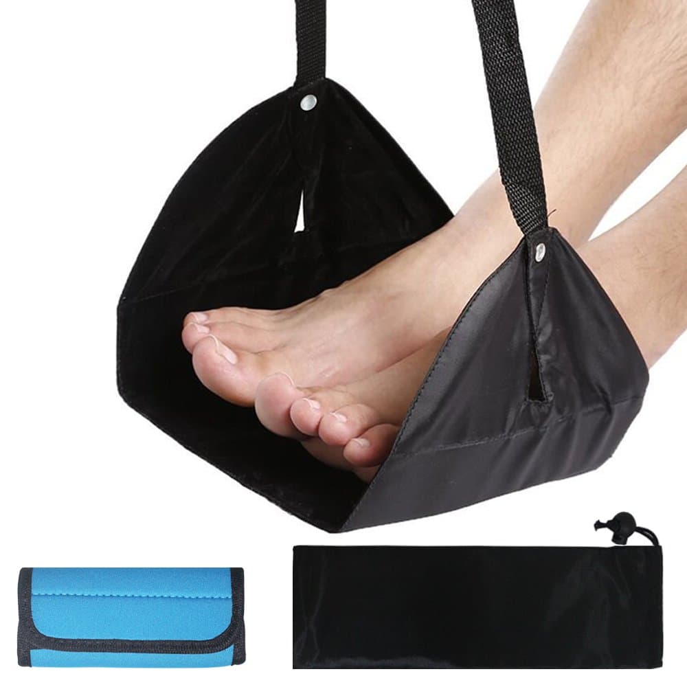 Travel Footrest with Luggage Handle Wrap, AFUNTA Adjustable Height Flight Carry-on Foot Rest Hammock, with Suitcase Handle Wrap Grip - Black, Blue