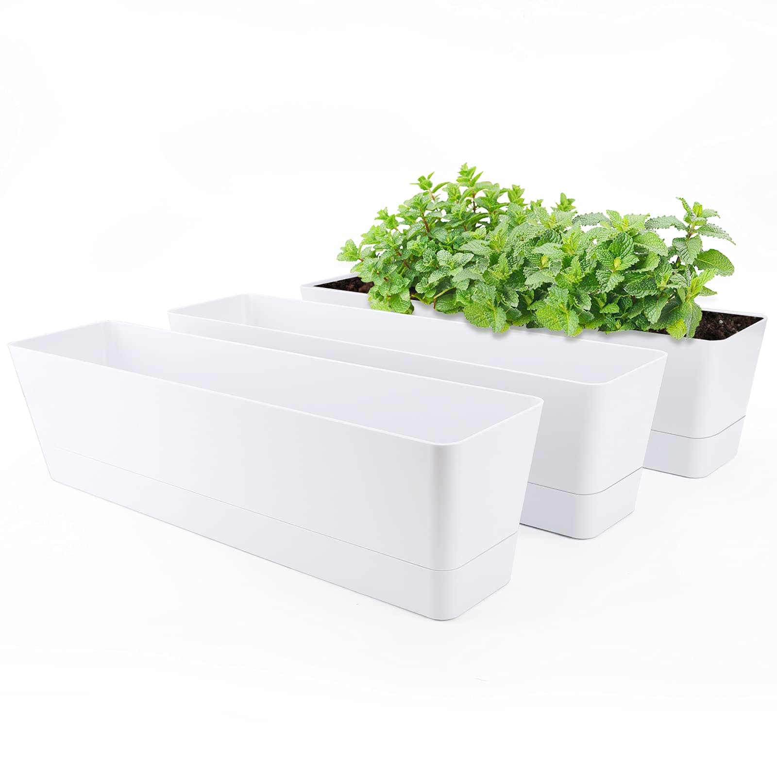Window Boxes Planters, 3PCS 16x3.8 Inch Large Herb Planters with Tray, Indoor Succulent Cactus Flowers Vegetable Plastic Rectangle Pots for Balcony, Office, Garden, Outdoor, Windowsill (White)