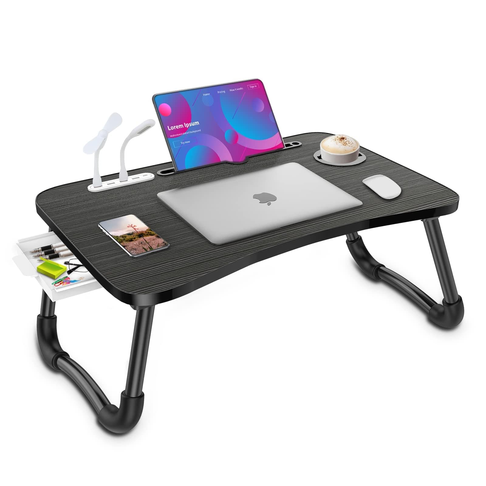 Zapuno Laptop Lap Desk, Foldable Laptop Table Tray with 4 USB Ports Storage Drawer and Cup Holder, Lap Bed Desk Notebook Stand Laptray Portable Standing Table for Bed Couch Floor