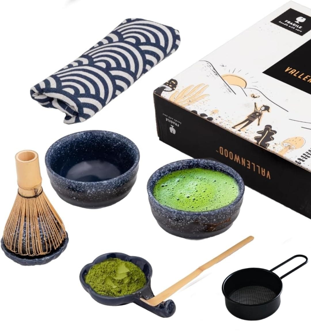 A Unique Matcha Set: 9 pieces set, A Ceremonial Grade Kit For Matcha With 2 Thick Glazed Dark Blue Hand Painted bowls. Bamboo Whisk and Scoop, Strainer, Table Runner, chop stand, dish and bottle.
