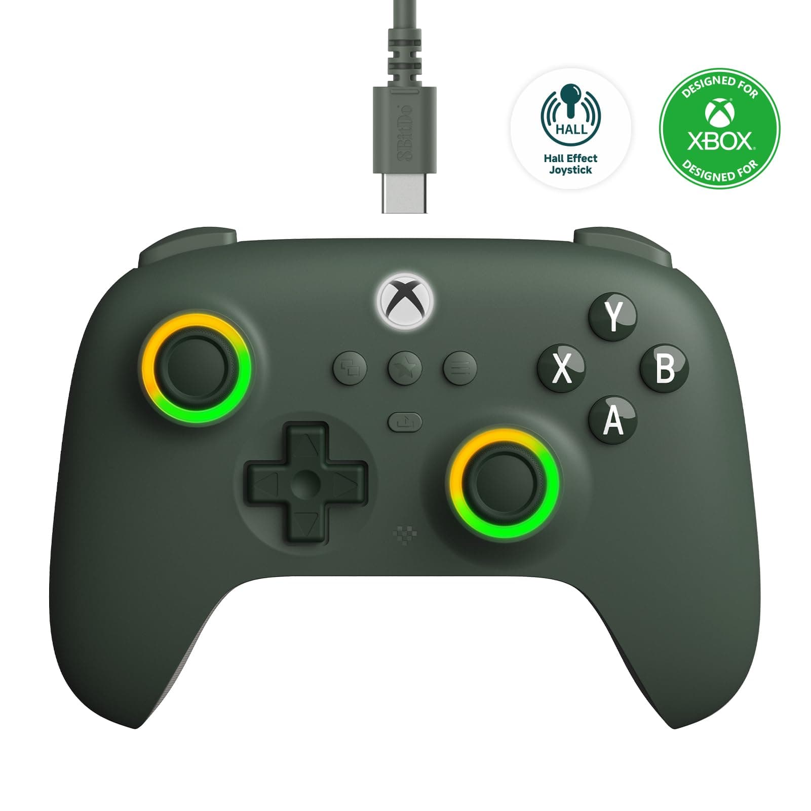 8BitDo Ultimate C Wired Controller for Xbox with Hall Effect Joysticks and Triggers, RGB Lighting Fire Ring, Compatible with Xbox Series X|S, Xbox One, Windows 10/11- Officially Licensed (Dark Green)
