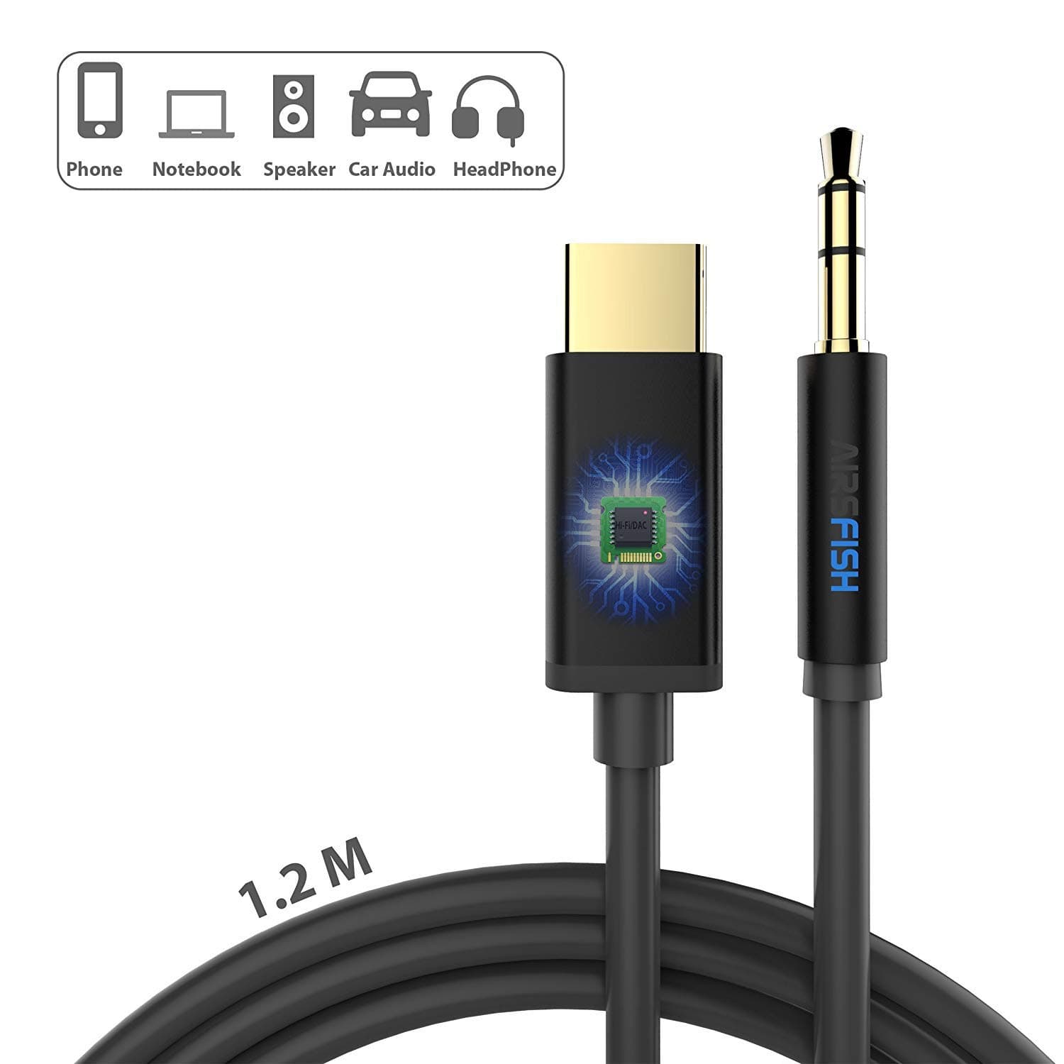 Pixel 2 USB C to 3.5mm Audio Aux Adapter, AirsFish Type C to 3.5mm Male Stereo Converter Cable, Hi-Fi/DAC Chip Headphone Cord for Pixel 2XL, Moto Z2, Samsung S8/N8, Nexus. 1.2m (Black)