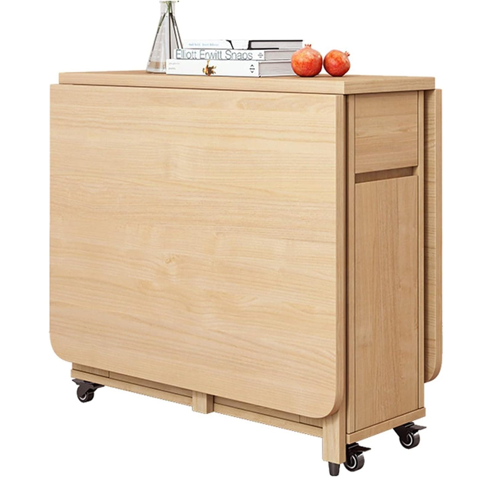 Folding Dining Table, Extendable Dining Table, Solid Wood Kitchen Table, Space Saving Compact Folding Dining Room Table, Drop Leaf Table-Oak Wood-1.4m