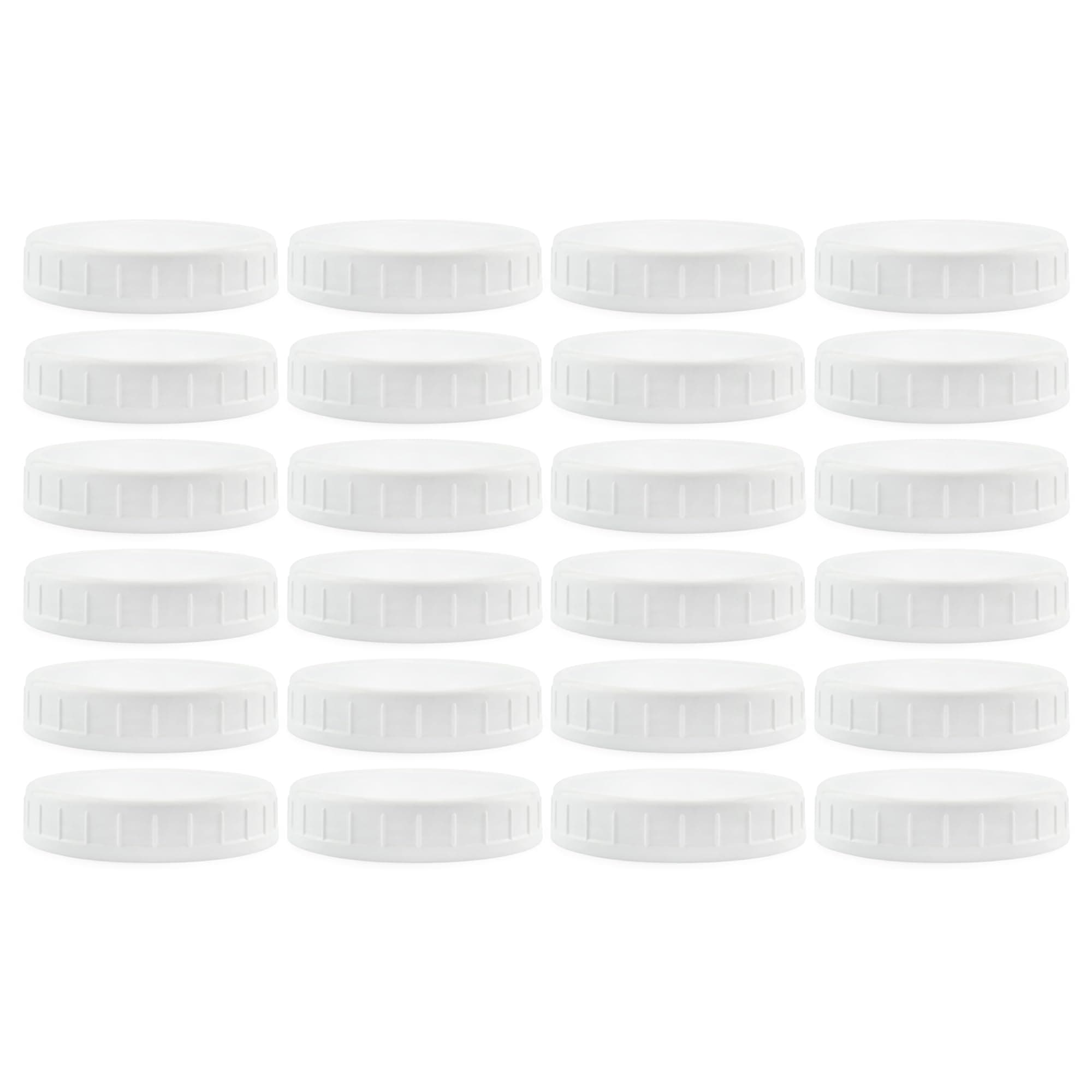 Cornucopia Brands Wide Mouth Plastic Mason Jar Lids (24-Pack Bundle); 2 Dozen Unlined White Ribbed Lids, 86-450 Size