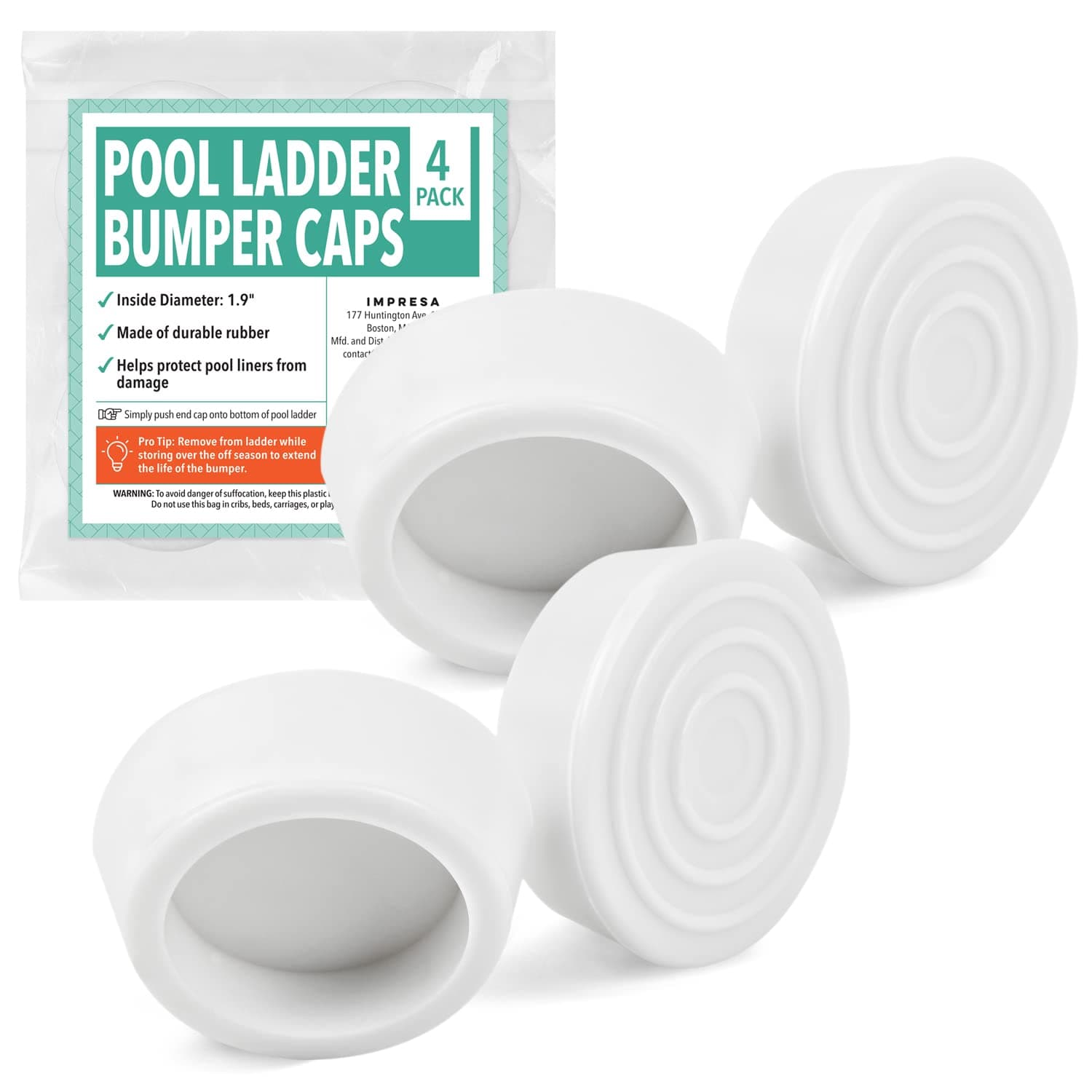 [4 Pack] Pool Ladder Bumpers to Protect Pool Liner - Protective Step Ladder End Cap for Inground Pool - Swimming Pool Ladder Parts - White Rubber End Cap for Swimming Pool Ladder - 1.9” Inner Diameter