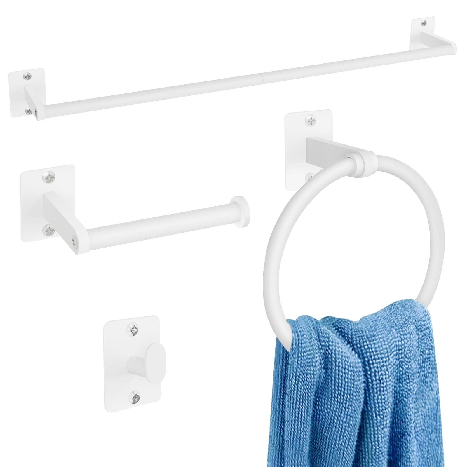 Bathroom Accessories Set, 4 Pieces White Bathroom Hardware Set, 24 inch Towel Bar, Towel Racks for Bathroom, Robe Towel Hooks, Toilet Paper Holder Wall Mounted