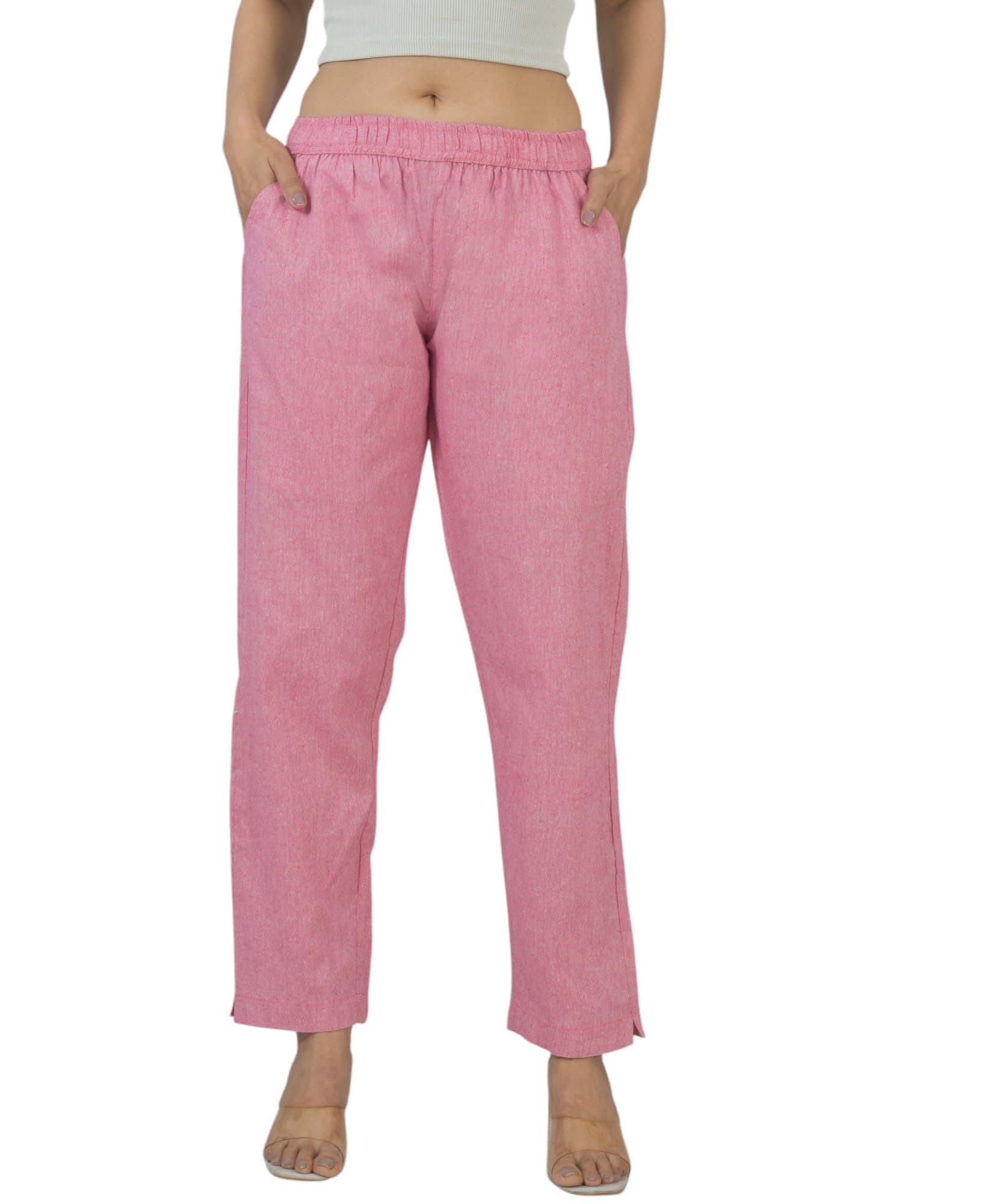 QashidaWomen's Cotton Linen Pants, Regular Fit, Fully Elasticated, 2 Side Pockets