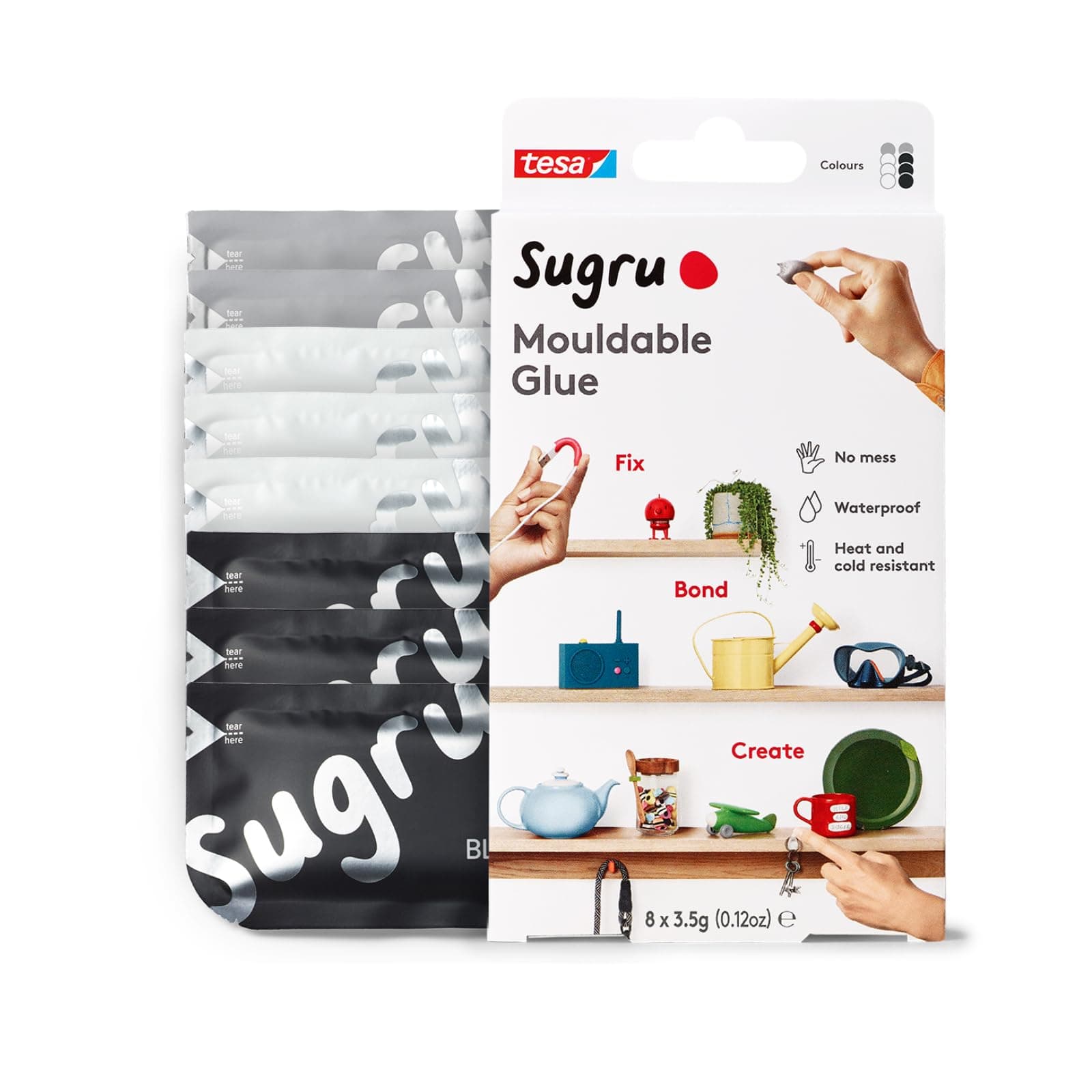 Sugru by tesa - Mouldable Multi-Purpose Glue for Creative Fixing and Making, Black, White and Gray, 8-Pack
