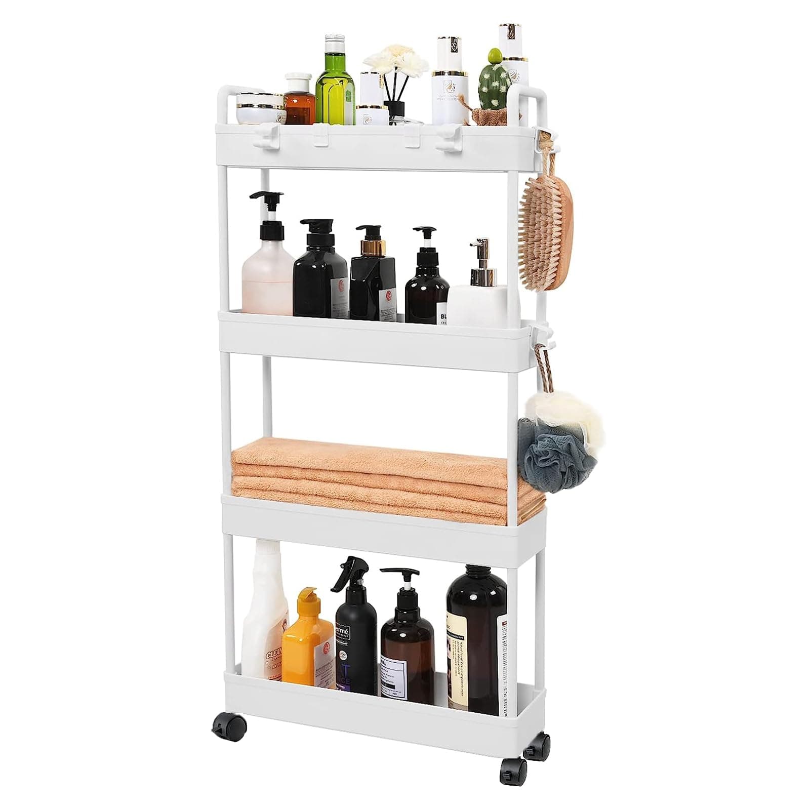 4 Tier Slim Rolling Storage Cart,Multifunction Utility Cart Kitchen Storage Organizer,Narrow Storage Cabinet Mobile Shelving Unit for Bathroom,Kitchen,Laundry and Living Room,White,40X 92cm