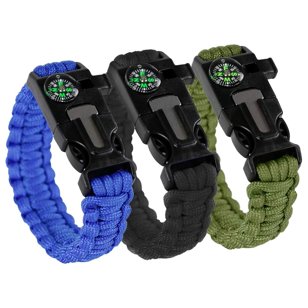 3 Pack Paracord Bracelet - Multi Purpose/5+ Functions Military-Grade Paracord Bracelet w/Compass, Magnesium Flint Fire Starter, Emergency Knife, Distress Whistle.