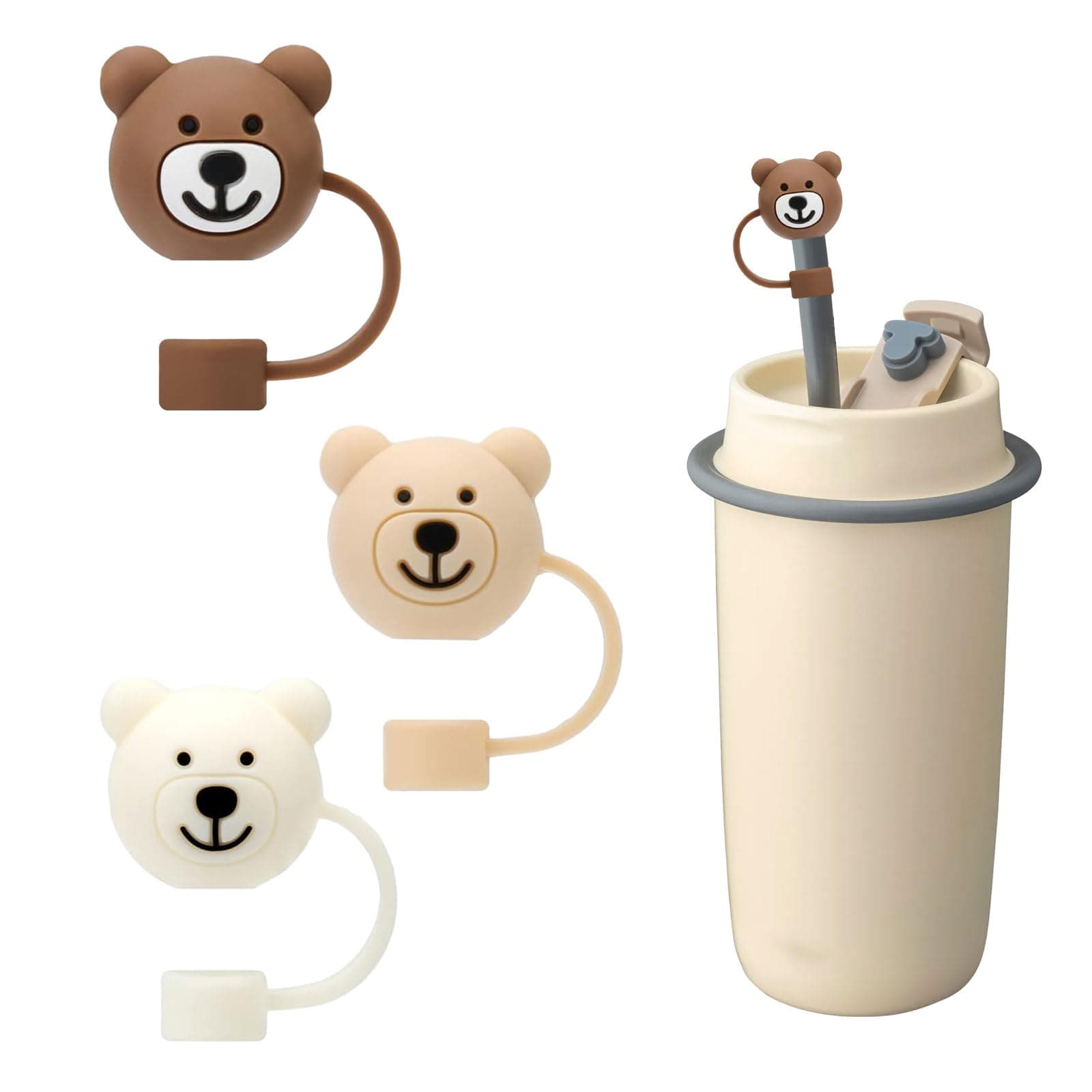 TYVOM 3pcs Straw Covers,Silicone Straw Tips Bear Straw Covers,Reusable Portable Dust-Proof Straw Topper Lid Cute Cartoon Straw Tip Covers Silicone Straw Tips