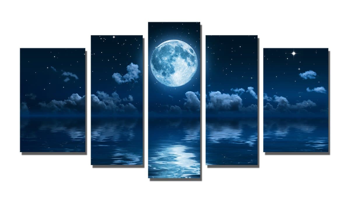 Yin Art 5-Panel Landscape Split Canvas Print Wall Art Set - Blue Seascape at Night with Full Moon Cloudy Starry Sky Over the Ocean Sea Water - Stretched and Framed Home Decor Ready to Hang
