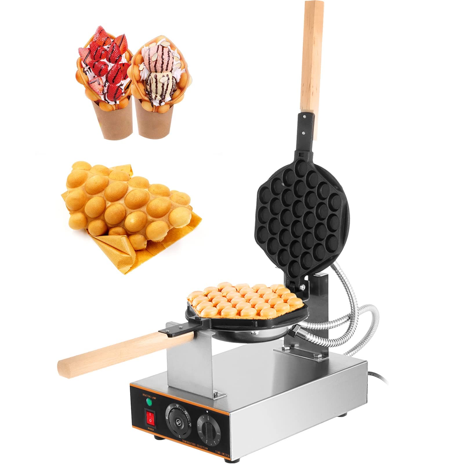 Commercial Bubble Waffle Maker, 1400W Egg Bubble Puff Iron w/ 180° Rotatable 2 Pans & Wooden Handles, Stainless Steel Baker w/Non-Stick Teflon Coating, 50-250℃/122-482℉ Adjustable