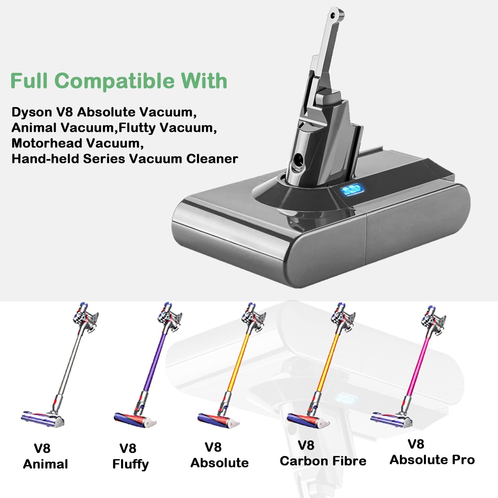 V8 Battery Replacement for Dyson V8 Animal V8 Absolute V8 Fluffy V8 Motorhead V8 Fluffy Carbon Fiber Cord-Free Handheld Vacuum Motorhead SV10 967834-02 96783402 21.6V 3000mAh
