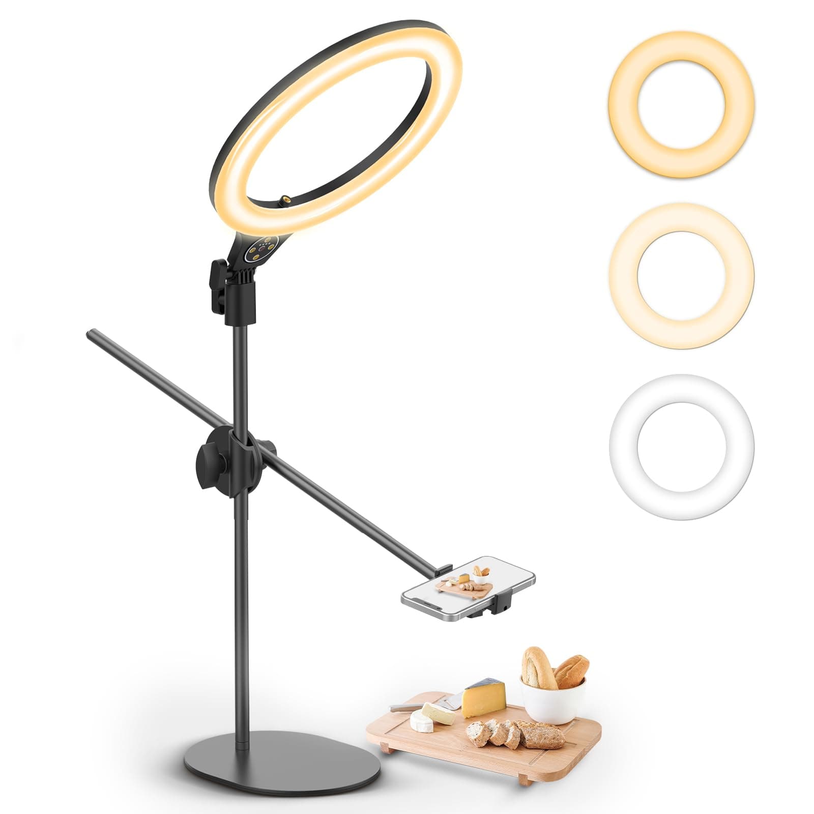 [Upgraded Base] Ring Light Desk with Horizontal Boom Arm, 10" Ring Light with Phone Tripod Stand, 3500k-6500K Dimmable, Ring Light with Phone Holder for Video Recording, Live Stream, Portrait, Makeup