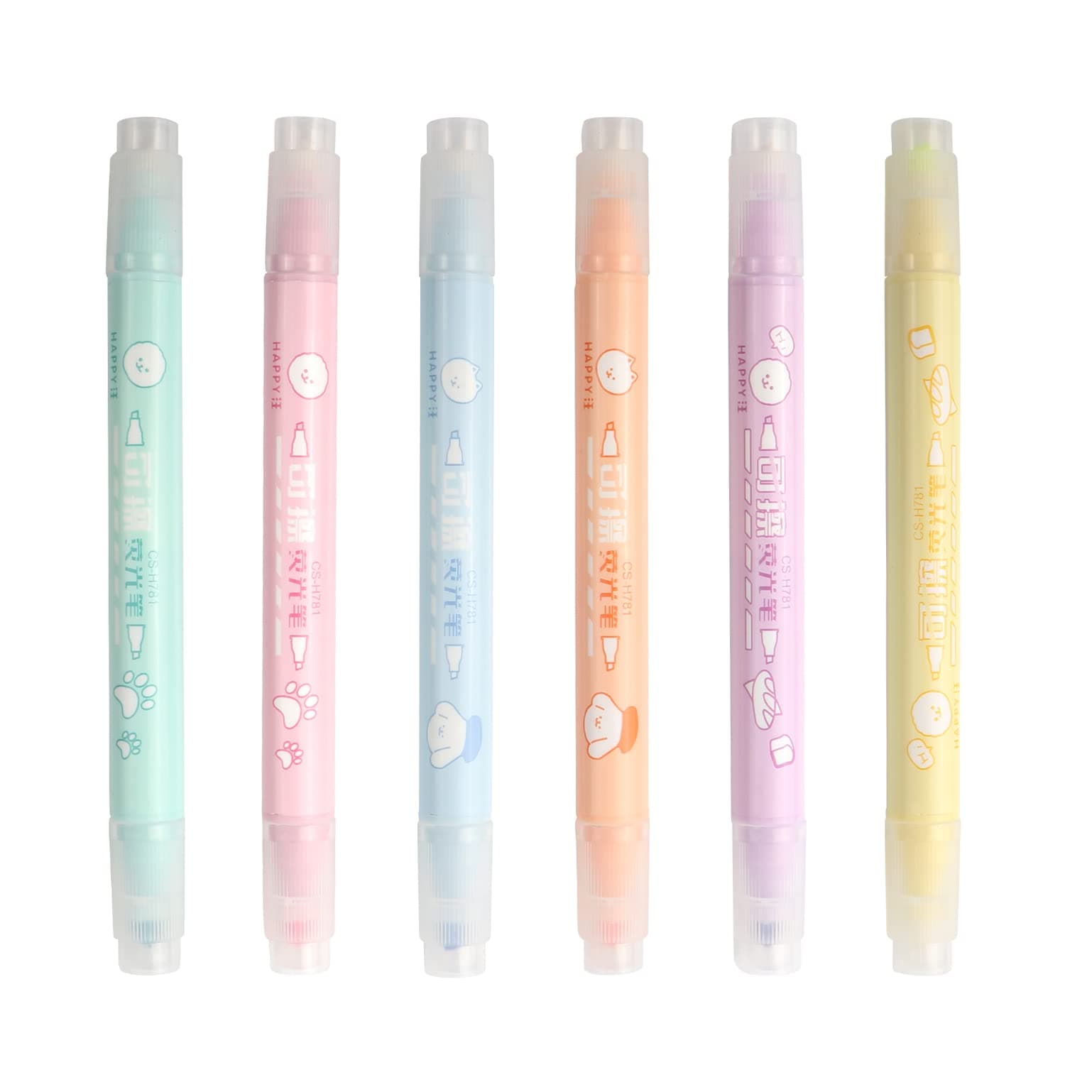 CHOSCH Erasable Highlighters, Double-end Erasable Smooth Writing Highlighter Pen,No Bleed Chisel Tip Highlighter Markers, Assorted Fluorescent 6 Pack (H781)