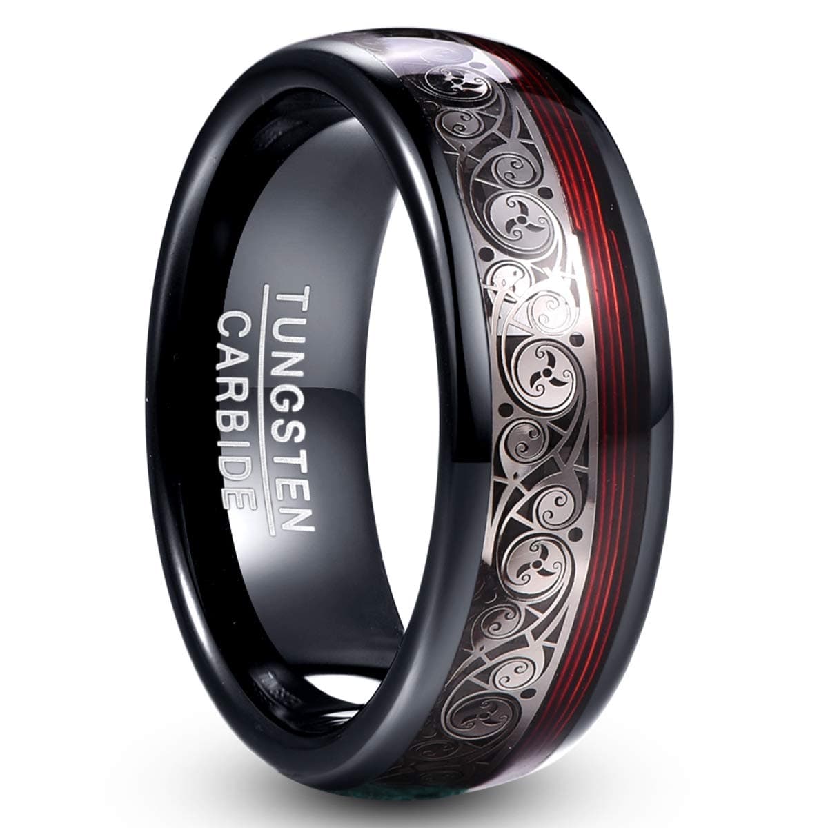 8mm Black Tungsten Carbide Ring Celtic Spiral Pattern and Red Guitar String Inlay High Polished Comfort Fit Size O to Y