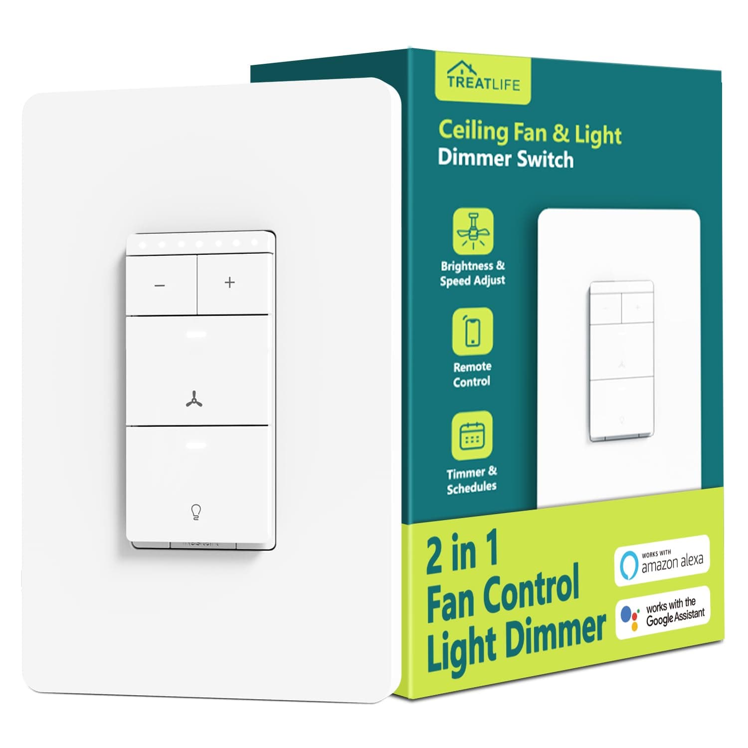 Smart Ceiling Fan Control and Dimmer Light Switch, Neutral Wire Needed, TREATLIFE 2.4Ghz Single Pole Wi-Fi Fan and Light Switch Combo, Works with Alexa, Google Home and SmartThings, Remote Control