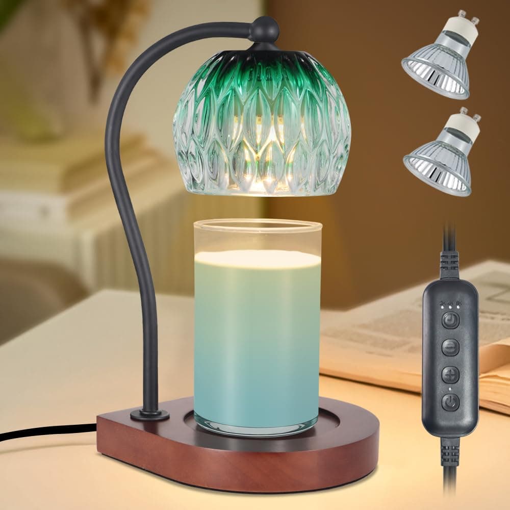 Electric Candle Warmer Lamp with Timer＆Dimmable for Jar Scented Candles, Wax Melting Tabletop Light Suitable as a Home Decor Thanksgiving Christmas Day Gift for Women Mom, with 2 Bulbs(Glass Green)
