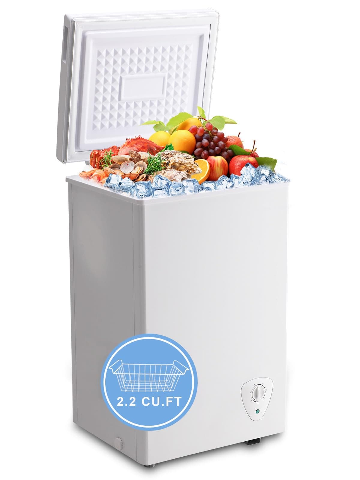 Chest Freezer Small Deep Freezer White 2.2 Cu.Ft Free-Standing 7 Temperature Control and Removable Basket Open Deep Freezer Energy Saving Apartment Kitchen