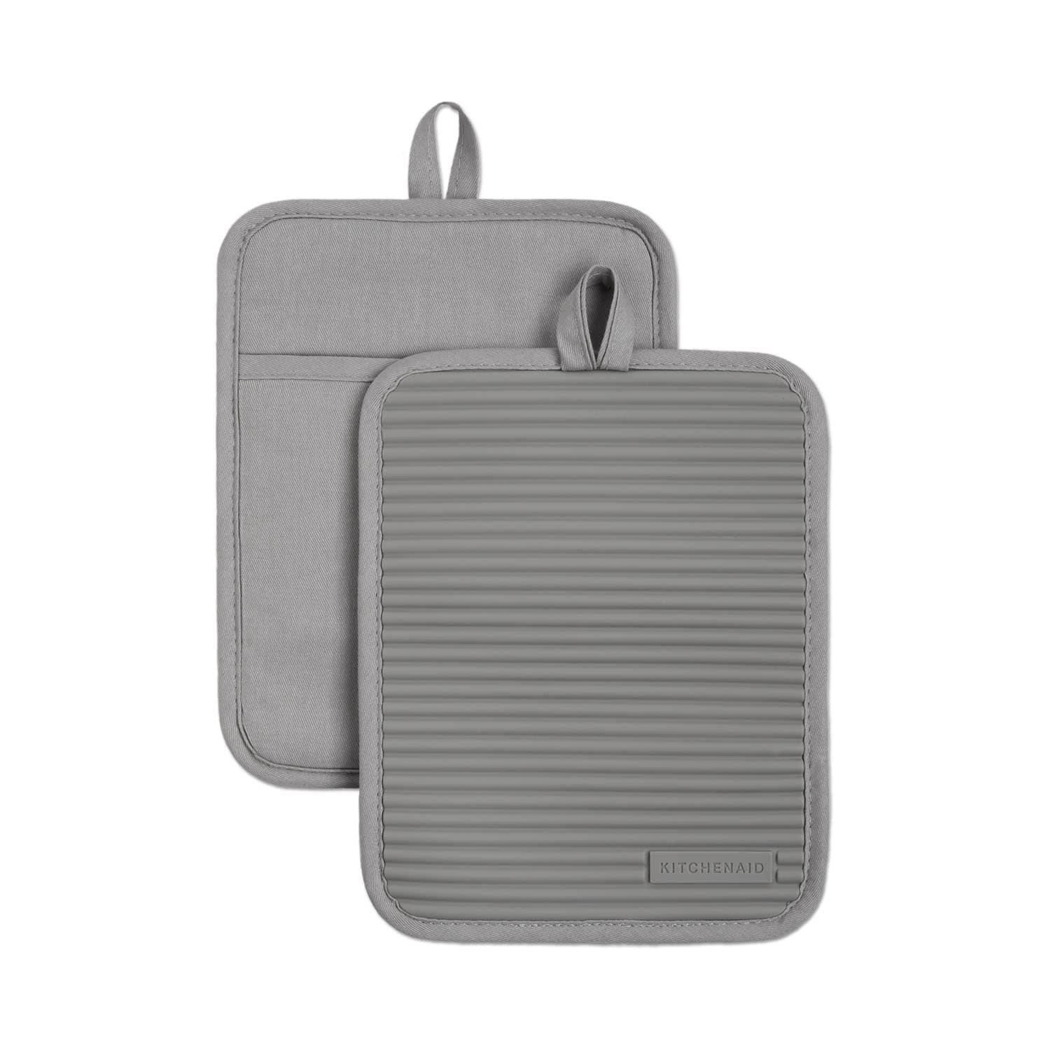KitchenAid Ribbed Soft Silicone Pot Holder 2-Pack Set, Grey, 7"x9"