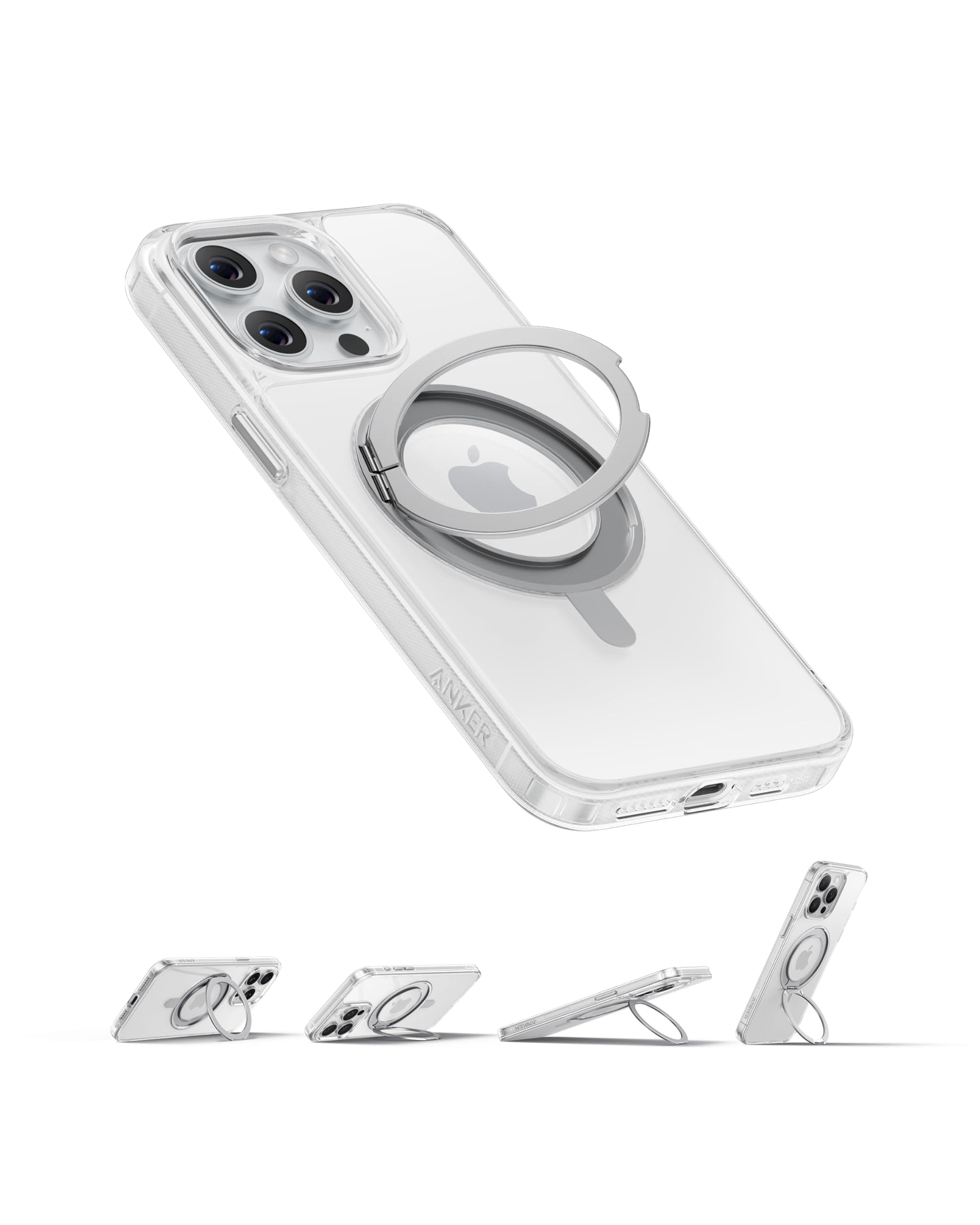 Anker Ultra Magnetic for iPhone Case with Sturdy 360° Ring Stand, Military-Grade Shockproof Kickstand Compatible with MagSafe (for iPhone 15, Clear)