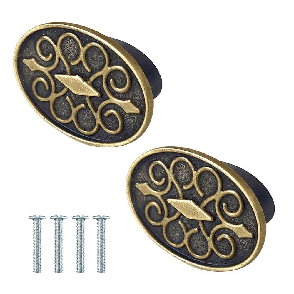 VOLO® Antique Brass Cabinet Knob Pull Handle (Oval Flower) Pack of 2 Pcs.(Color: Antique)