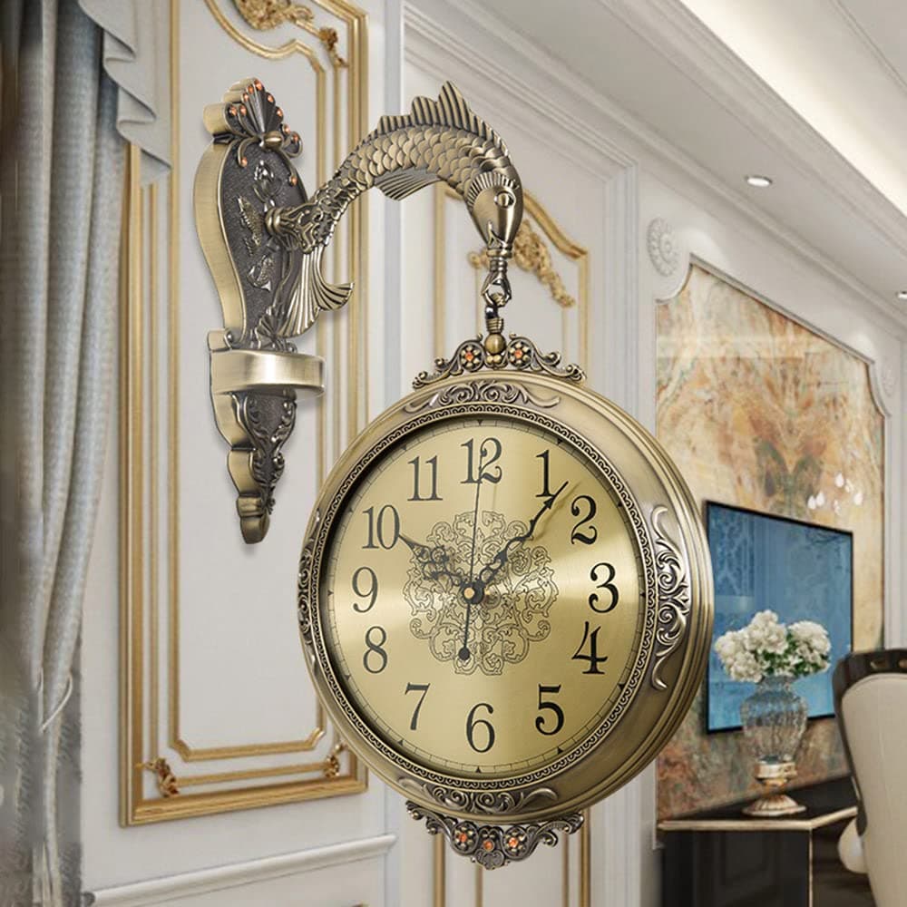 European Style Double-Sided 360°Rotating Wall Clock Creative Quartz Movement Silent Wall-Mounted Clock Living Room Bedroom Study Pastoral Outdoor Garden Wall Decoration